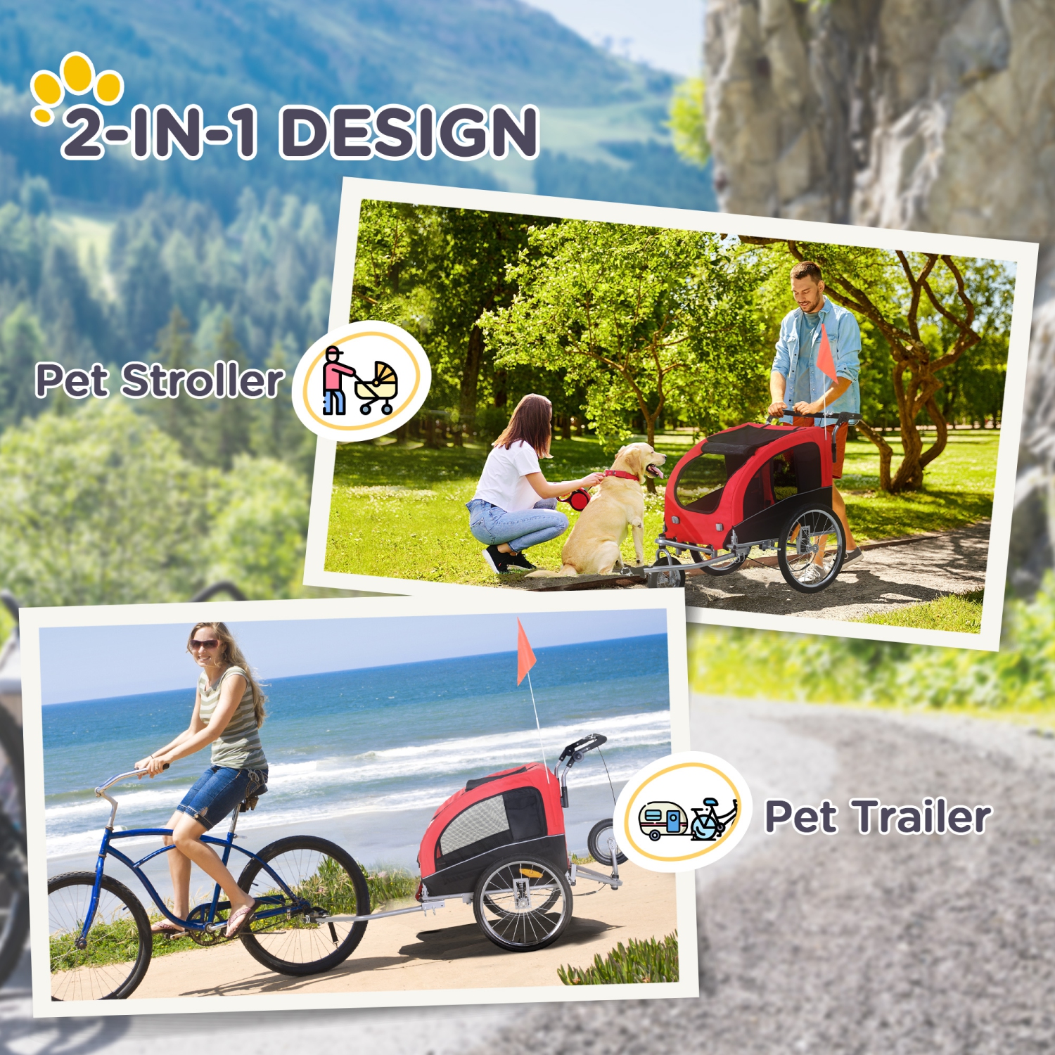 Aosom Dog Bike Trailer 2-In-1 Pet Stroller Cart Bicycle Wagon Cargo Carrier Attachment for Travel with Suspension, Hitch, Storage Pockets, Red