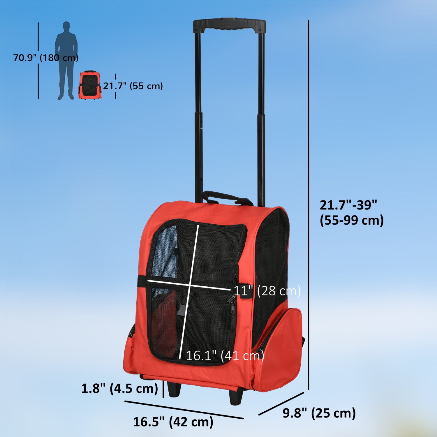 PawHut 2-IN-1 Pet Luggage Box Backpack Carrier Cats Dogs w/ Handle, Rolling Wheel Red