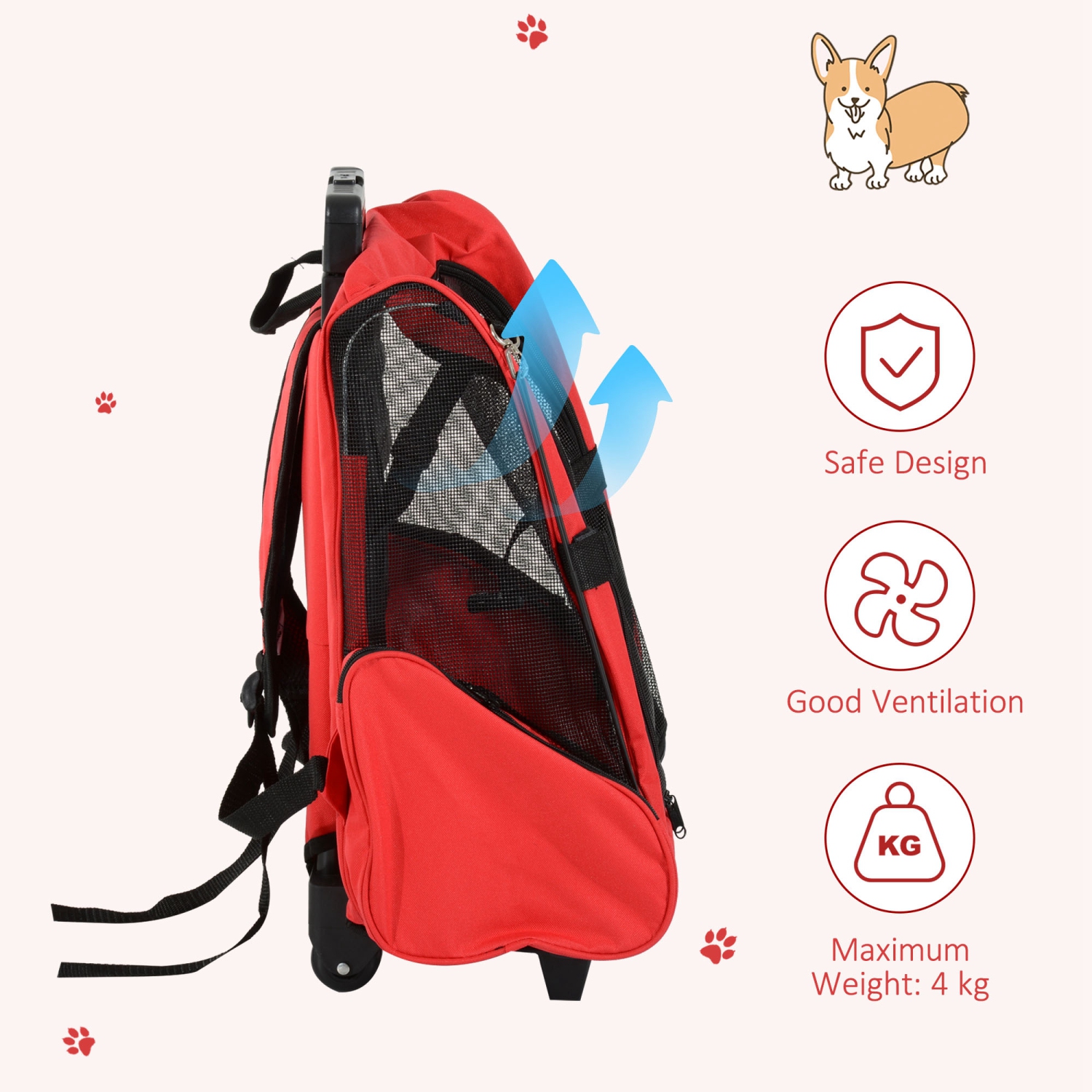PawHut 2-IN-1 Pet Luggage Box Backpack Carrier Cats Dogs w/ Handle, Rolling Wheel Red