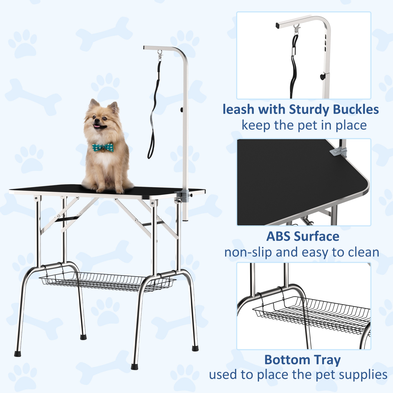 PawHut – Table de toilette pour chiens de 36 po avec bras de toilette réglable, table de toilettage pour chiens avec tablette de rangement,