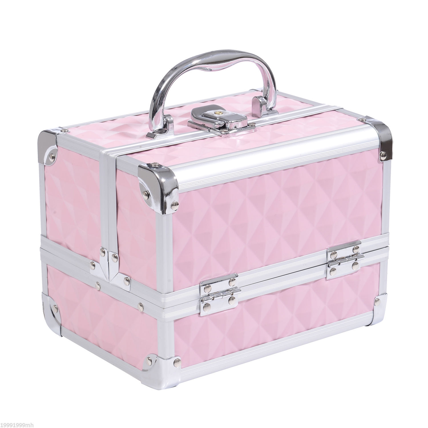 HOMCOM – Étui train texture diamant 3 niveaux, rangement cosmétique avec miroir, 8 x x6 x x6 po, rose