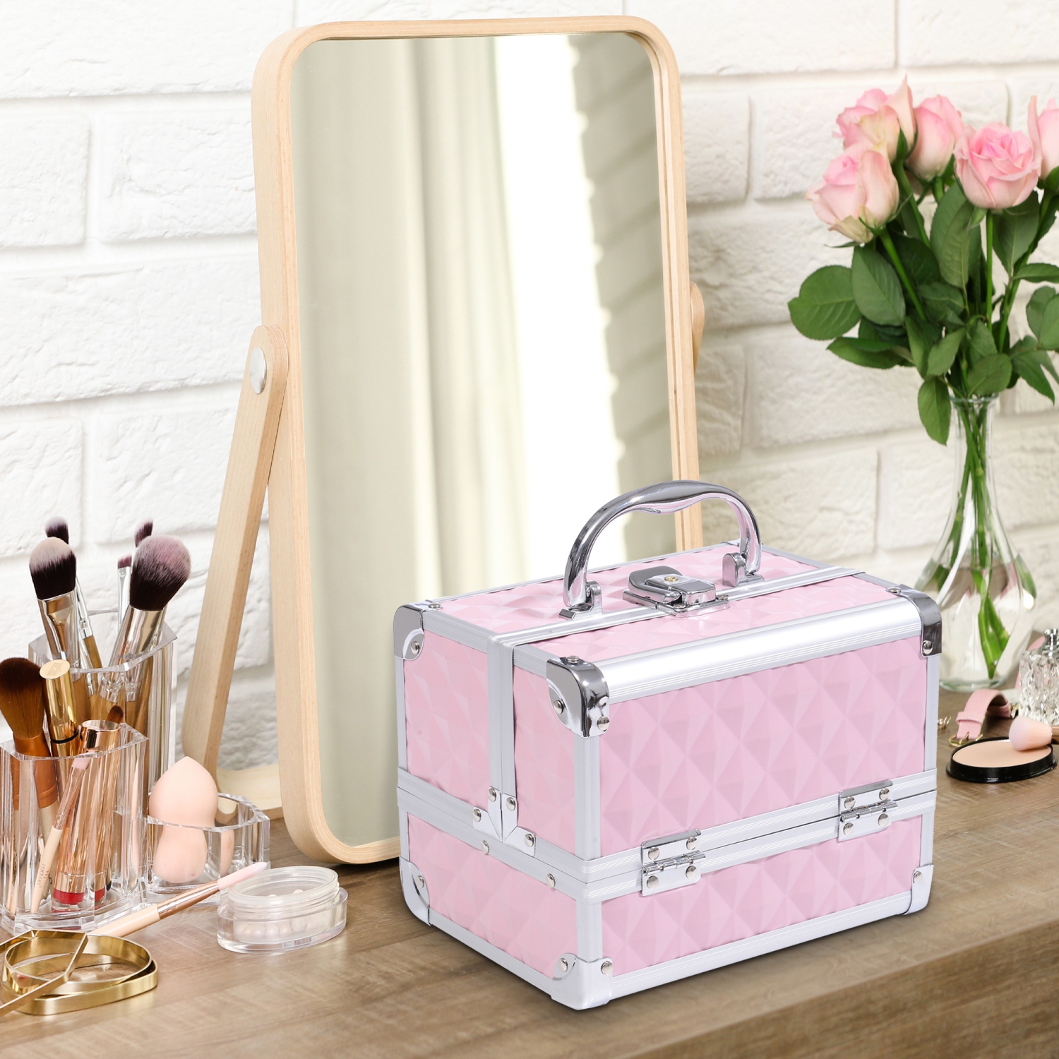HOMCOM – Étui train texture diamant 3 niveaux, rangement cosmétique avec miroir, 8 x x6 x x6 po, rose