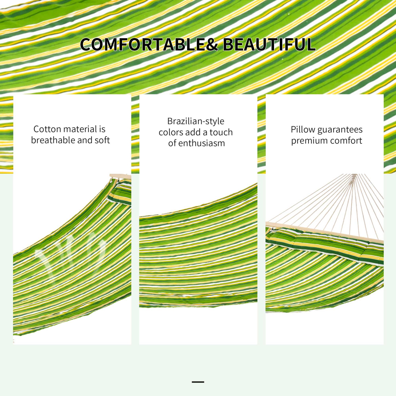Hamac d'extérieur de patio de 75 po Outsunny, hamac de camping rayé, jardin avec coussin, vert