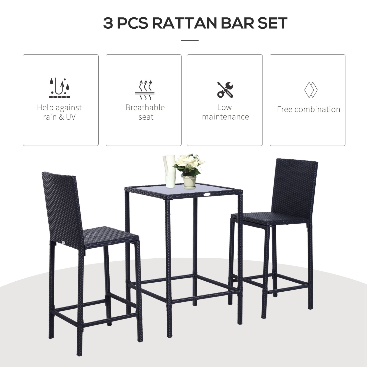 Outsunny 3 Pieces Wicker Patio Bar Set, PE Rattan Outdoor Bar Set with Glass Top High Table, 2 High Backrest Chairs with Footstool for Backyard,