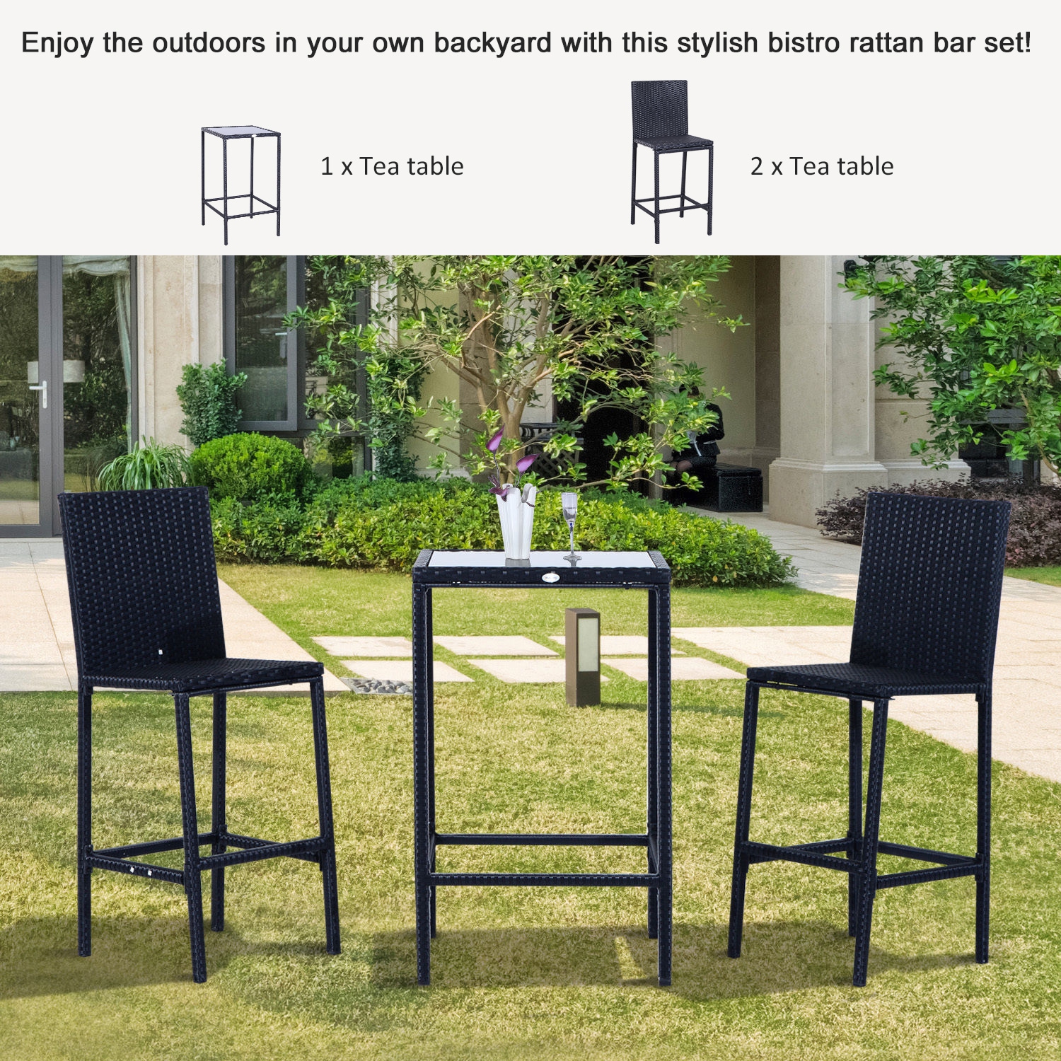 Outsunny 3 Pieces Wicker Patio Bar Set, PE Rattan Outdoor Bar Set with Glass Top High Table, 2 High Backrest Chairs with Footstool for Backyard,