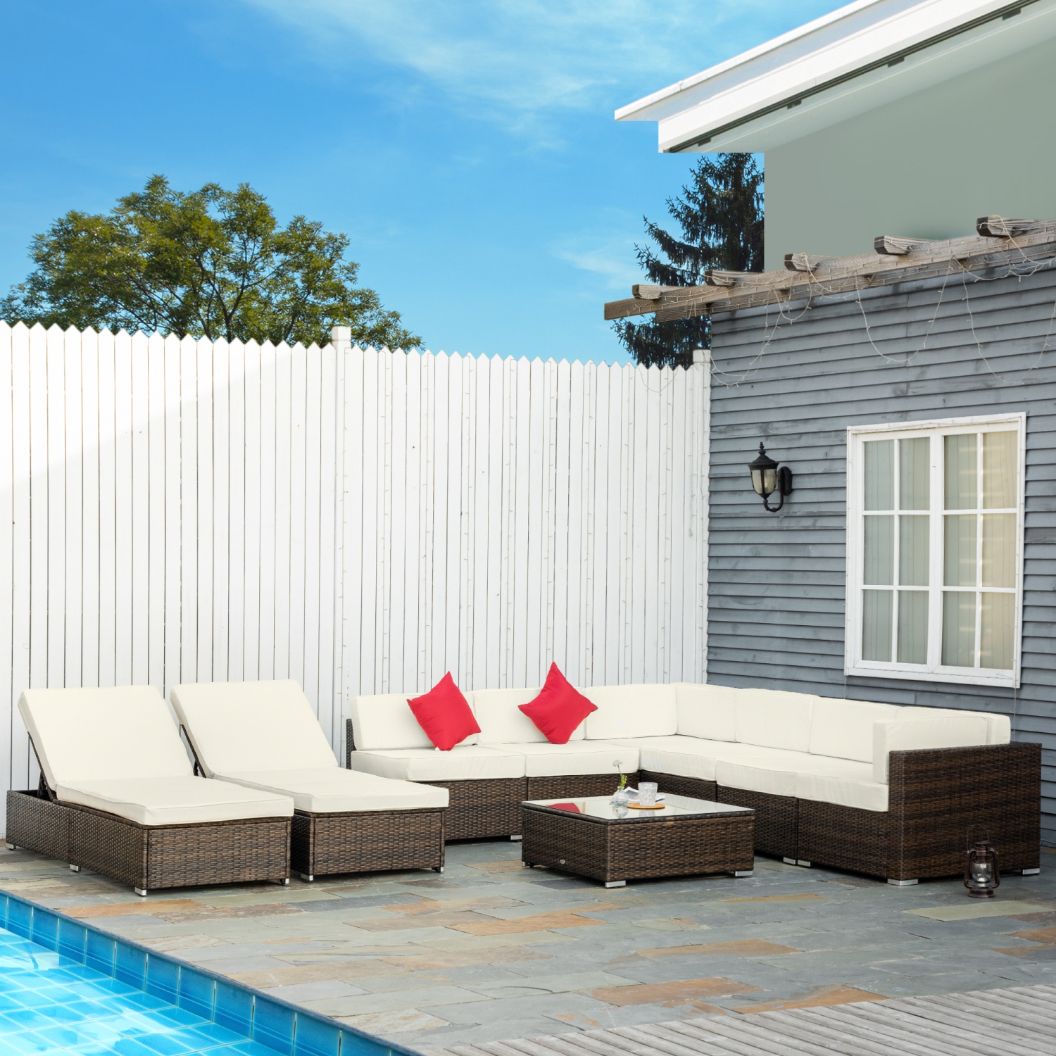 Outsunny 9 Pieces Wicker Patio Furniture Set with Cushion, PE Rattan Outdoor Conversation Set Sectional Sofa Set with 2 Loungers and Tempered Glass