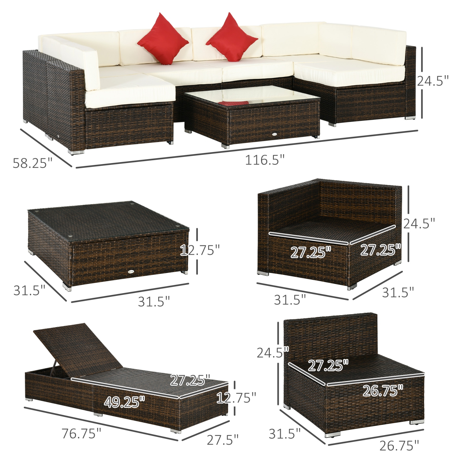 Outsunny 9 Pieces Wicker Patio Furniture Set with Cushion, PE Rattan Outdoor Conversation Set Sectional Sofa Set with 2 Loungers and Tempered Glass