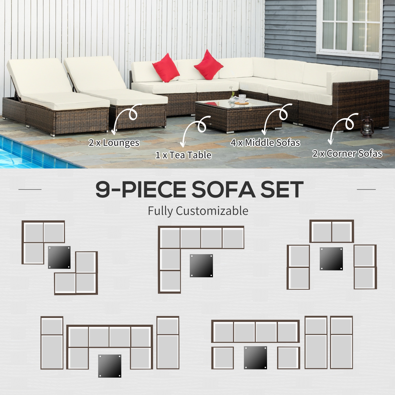 Outsunny 9 Pieces Wicker Patio Furniture Set with Cushion, PE Rattan Outdoor Conversation Set Sectional Sofa Set with 2 Loungers and Tempered Glass
