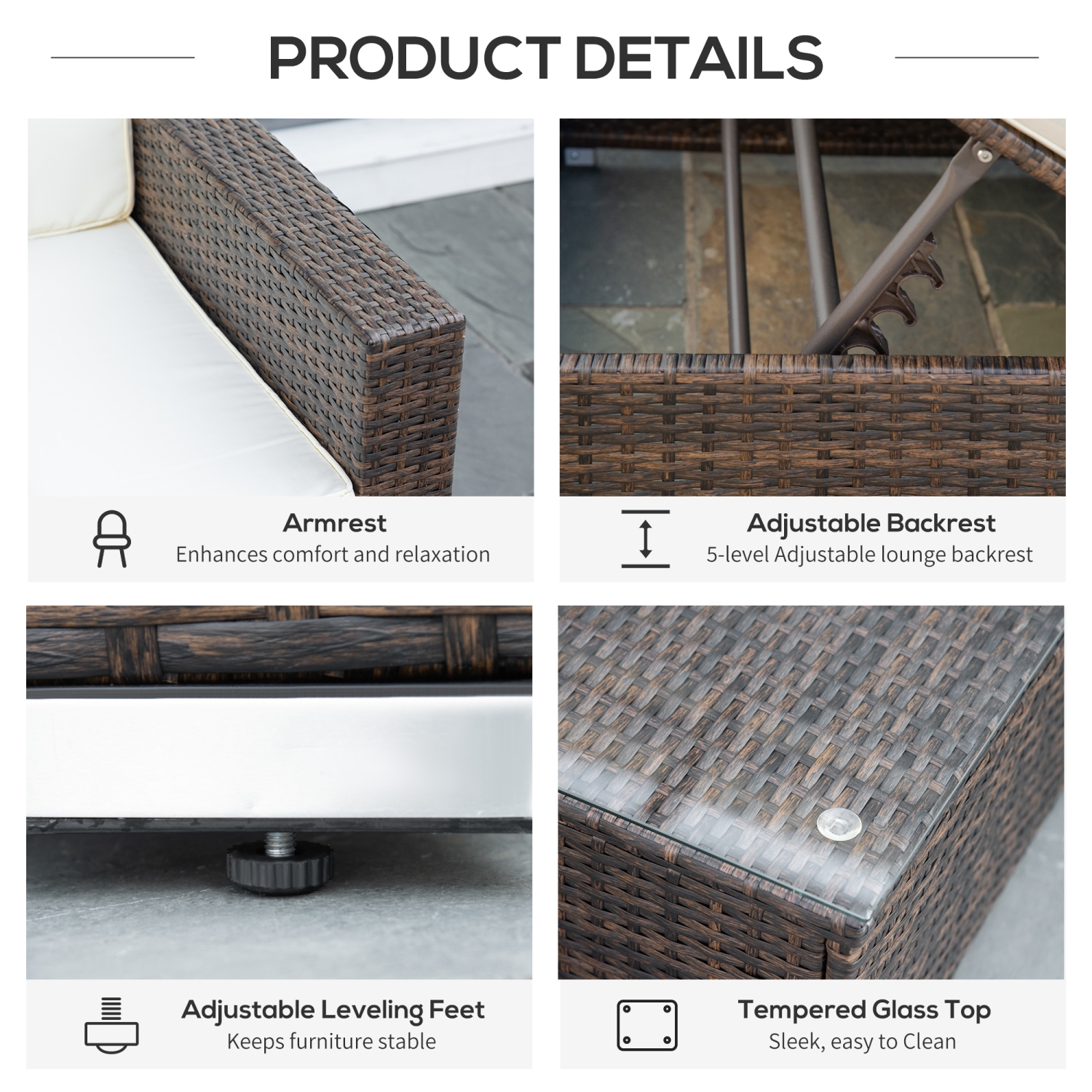 Outsunny 9 Pieces Wicker Patio Furniture Set with Cushion, PE Rattan Outdoor Conversation Set Sectional Sofa Set with 2 Loungers and Tempered Glass