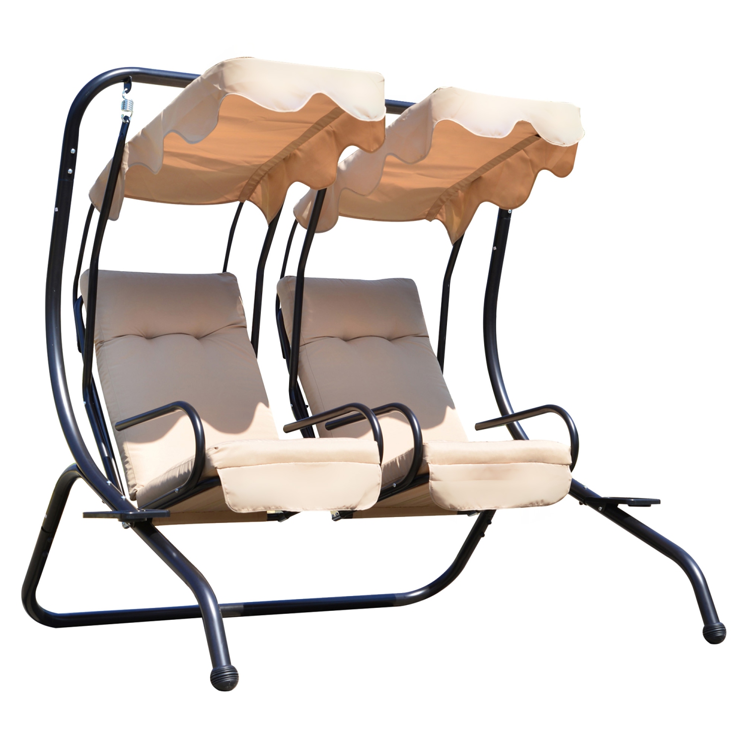 Outsunny Luxury Metal Swing Chair Hamac 2 Places Séparées Robuste avec Auvent et Coussins, Beige