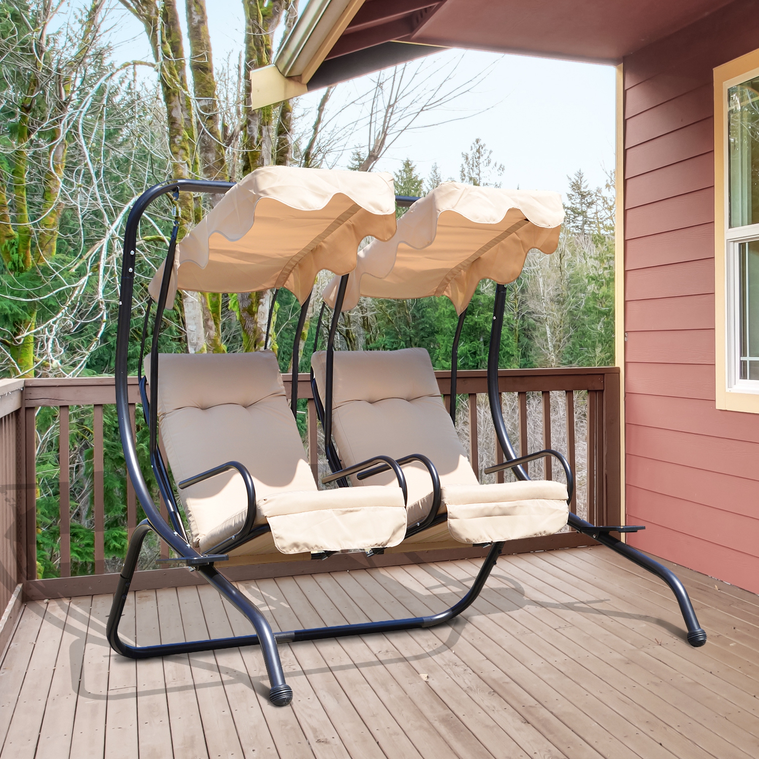 Outsunny Luxury Metal Swing Chair Hamac 2 Places Séparées Robuste avec Auvent et Coussins, Beige