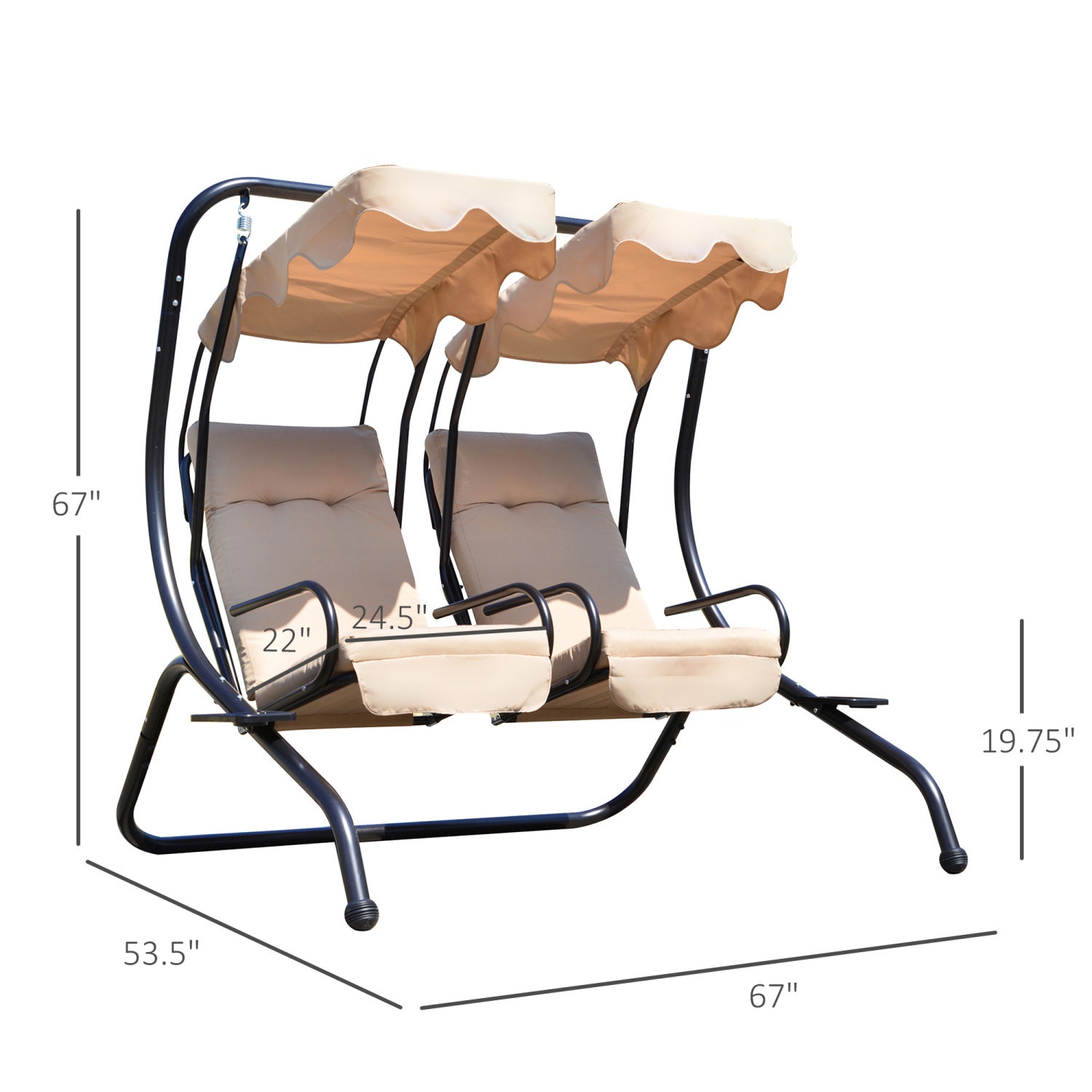 Outsunny Luxury Metal Swing Chair Hamac 2 Places Séparées Robuste avec Auvent et Coussins, Beige