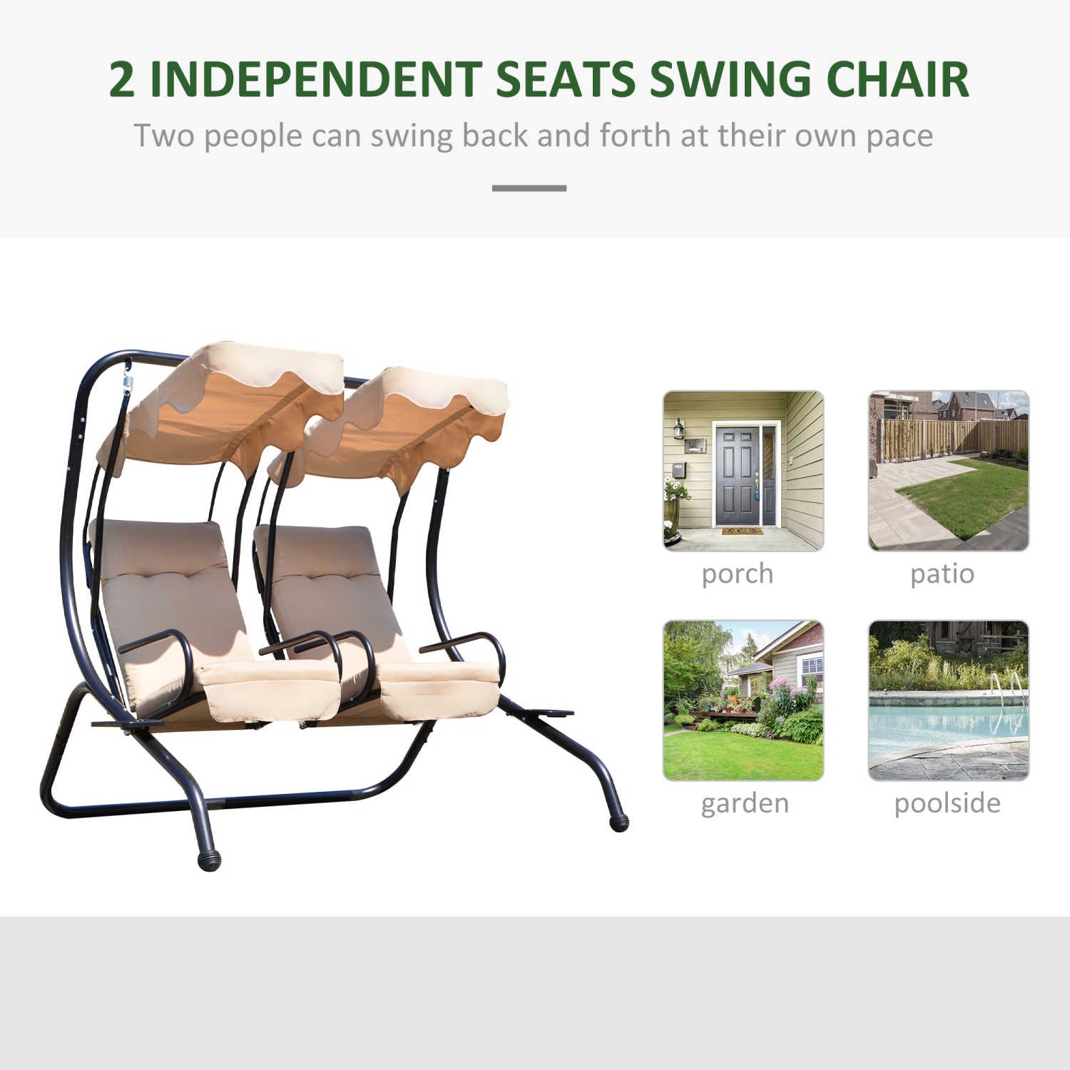 Outsunny Luxury Metal Swing Chair Hamac 2 Places Séparées Robuste avec Auvent et Coussins, Beige