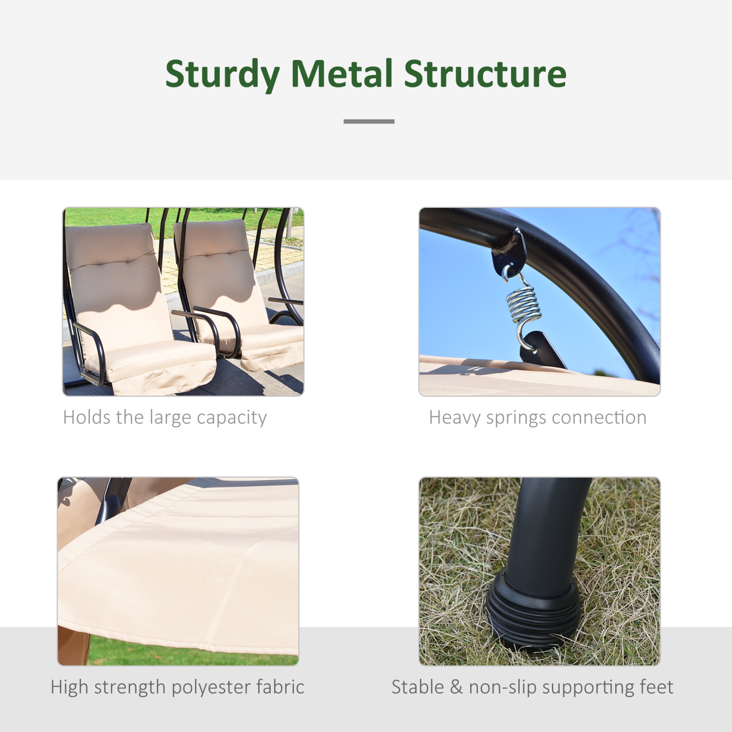 Outsunny Luxury Metal Swing Chair Hamac 2 Places Séparées Robuste avec Auvent et Coussins, Beige