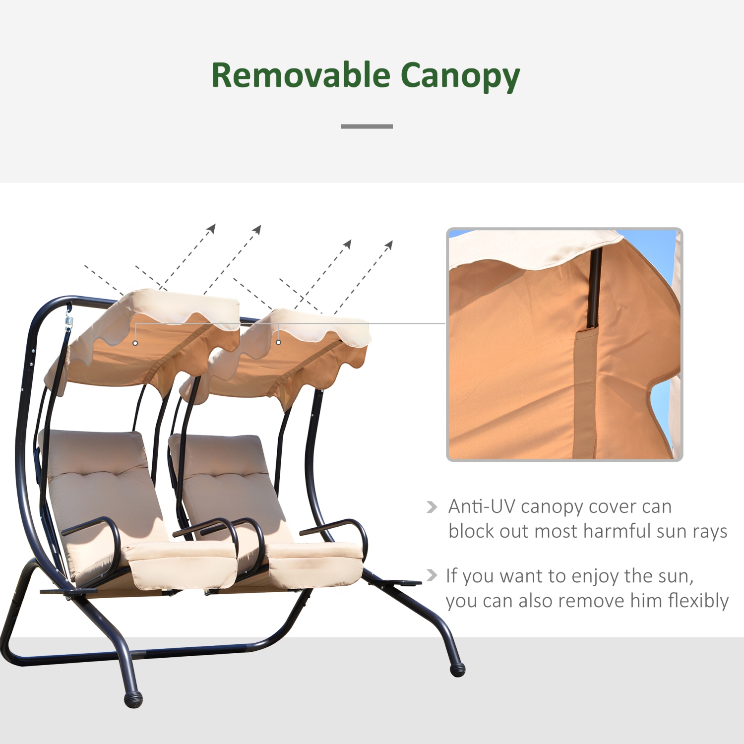 Outsunny Luxury Metal Swing Chair Hamac 2 Places Séparées Robuste avec Auvent et Coussins, Beige