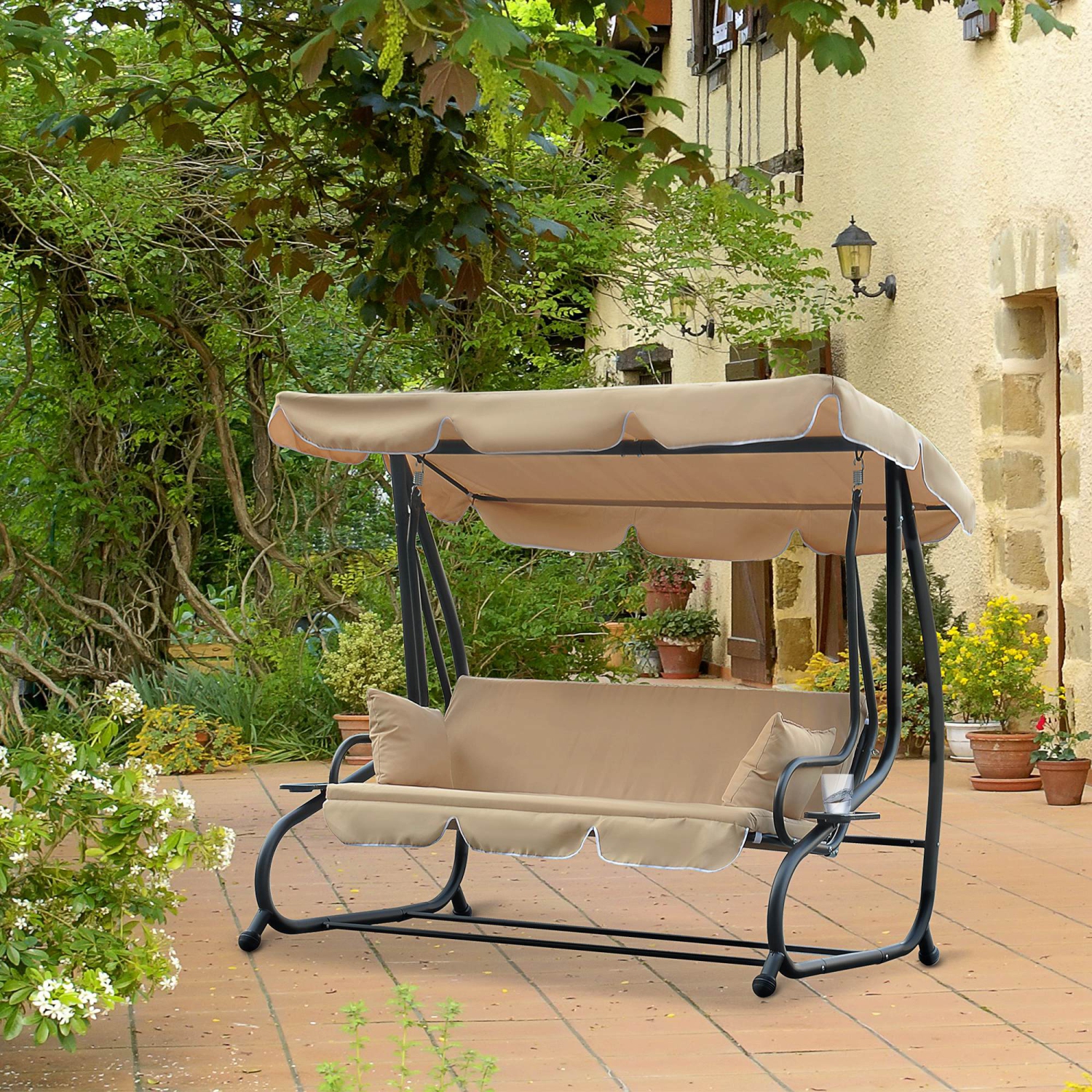 Fauteuil de patio extérieur à 3 places Outsunny, lit plat convertible, balançoire à auvent avec abat-jour réglable, coussins amovibles,