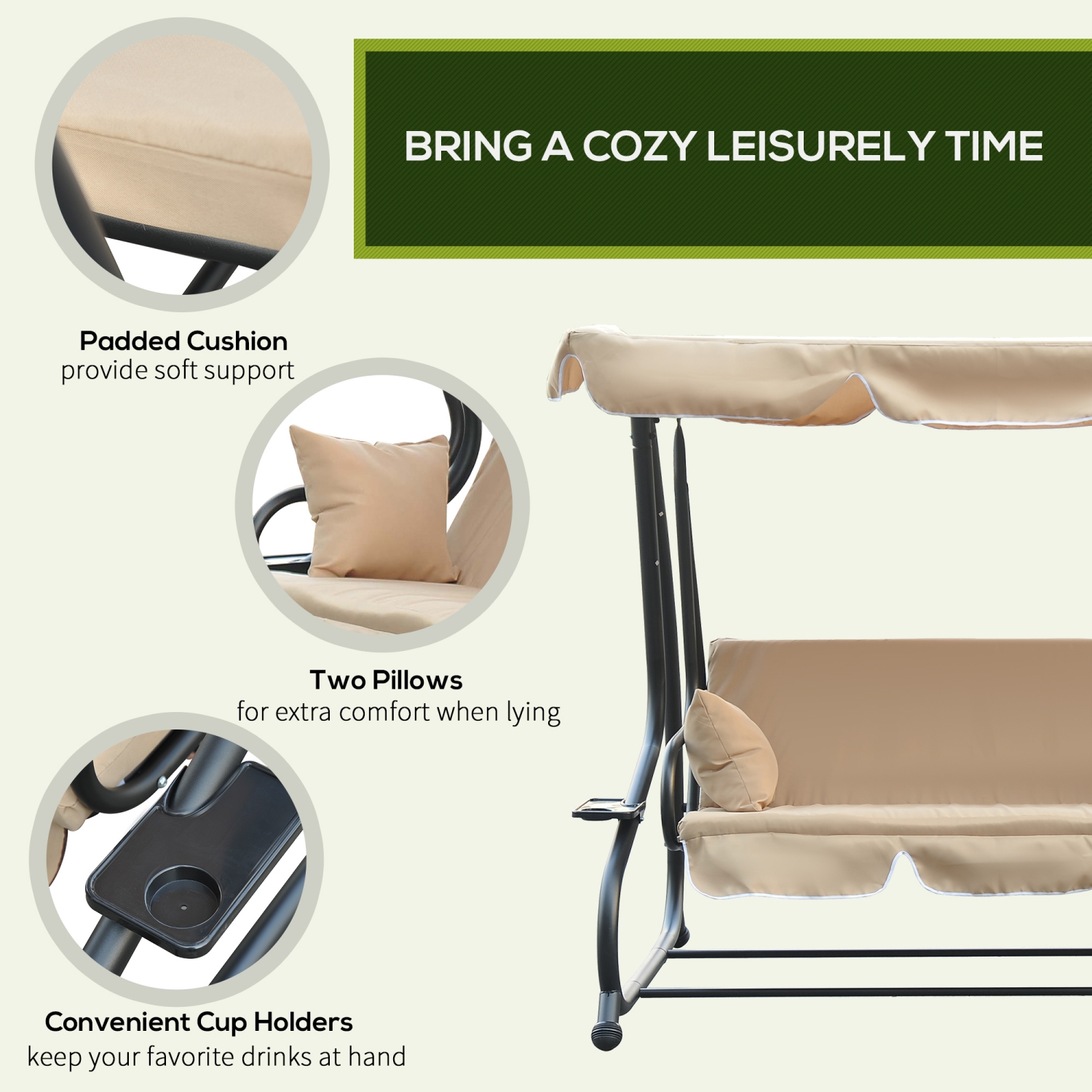 Fauteuil de patio extérieur à 3 places Outsunny, lit plat convertible, balançoire à auvent avec abat-jour réglable, coussins amovibles,