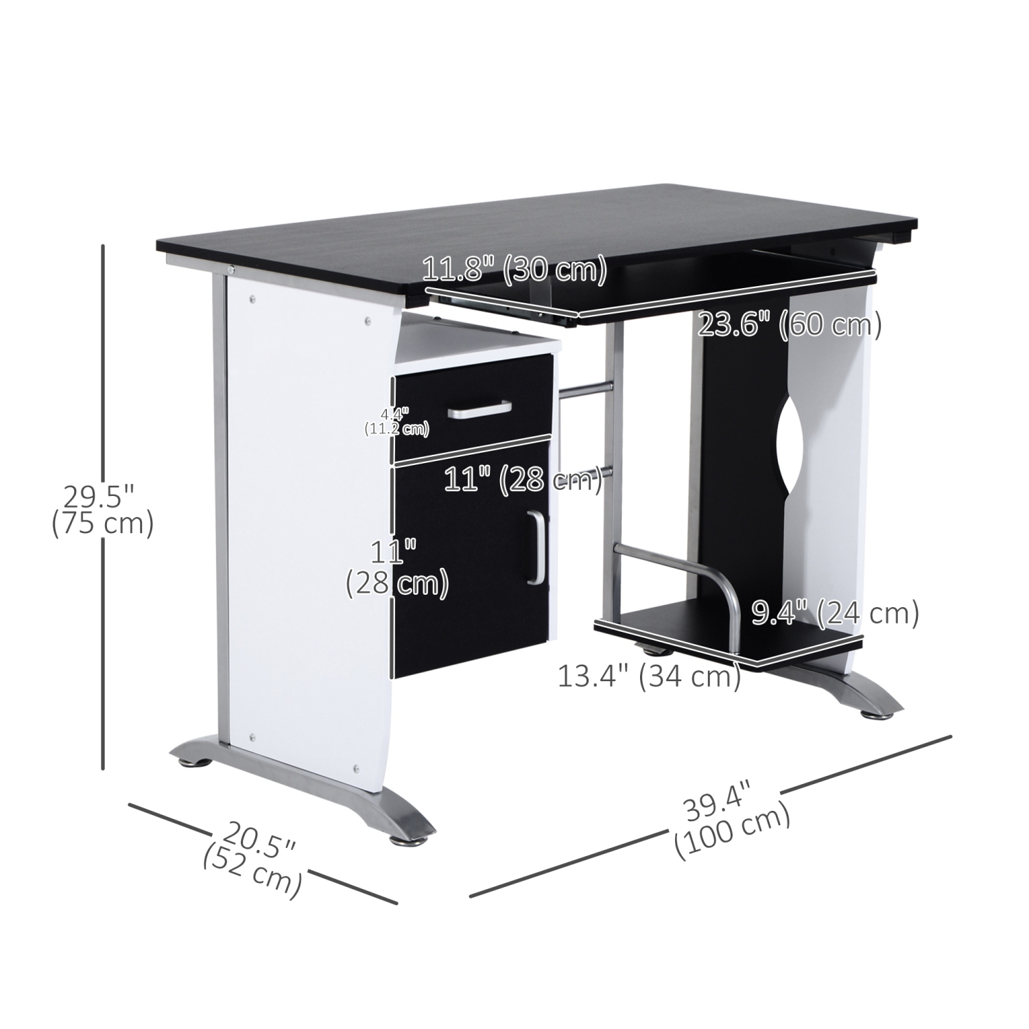 Homcom Table de bureau pour ordinateur avec plateau pour clavier et support CPU, noir et blanc