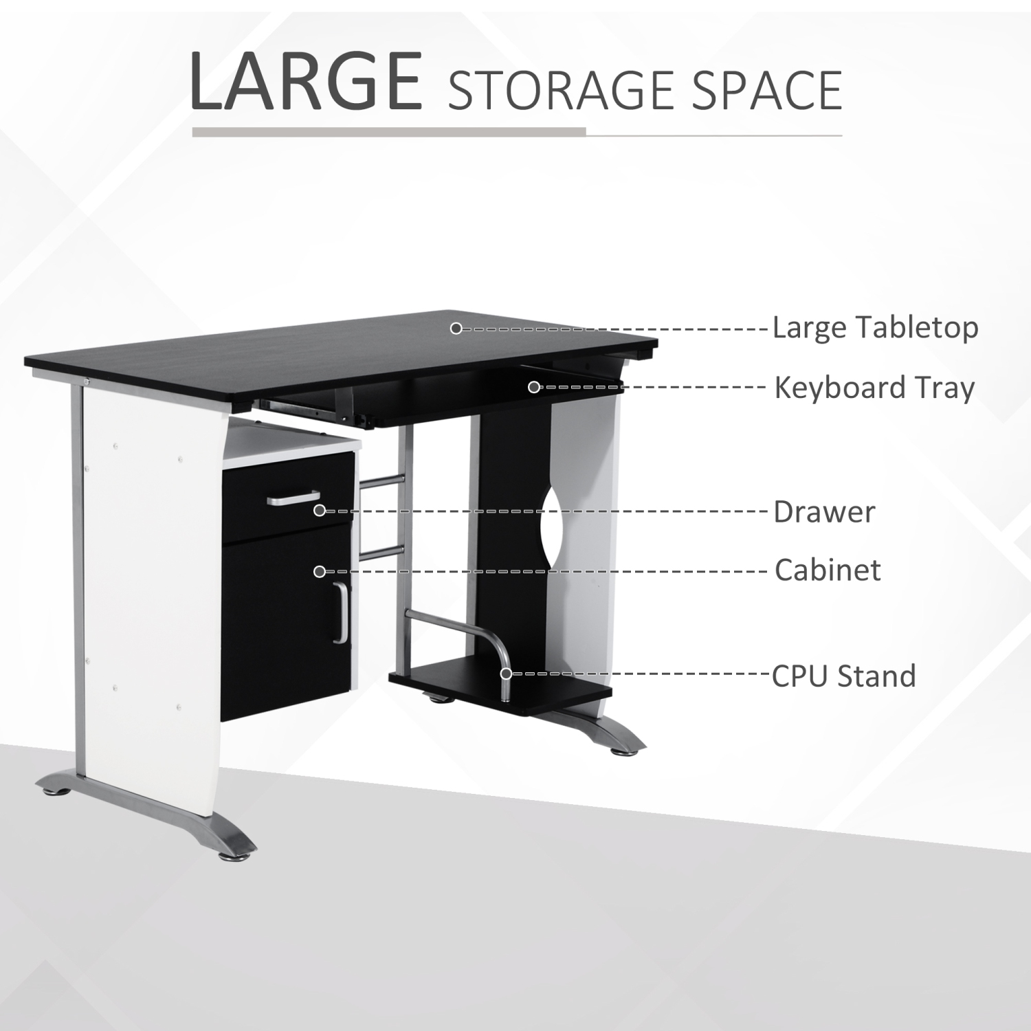 Homcom Table de bureau pour ordinateur avec plateau pour clavier et support CPU, noir et blanc