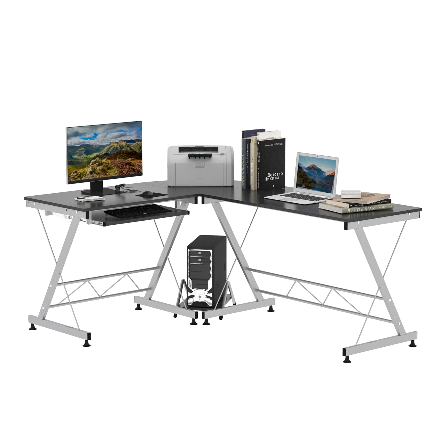 HOMCOM L-Shaped Computer Desk, Corner Table with Keyboard Tray for PC Laptop Desktop, Workstation Stand Home Office Furniture, Black, Silver