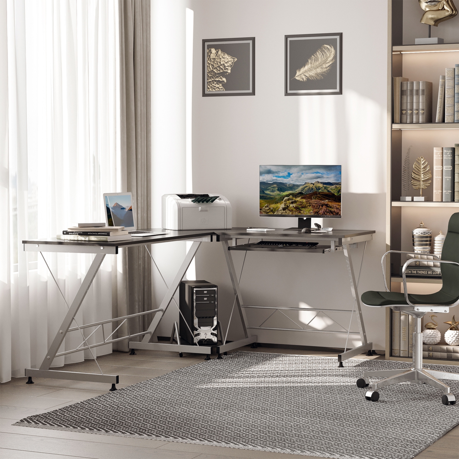 HOMCOM L-Shaped Computer Desk, Corner Table with Keyboard Tray for PC Laptop Desktop, Workstation Stand Home Office Furniture, Black, Silver