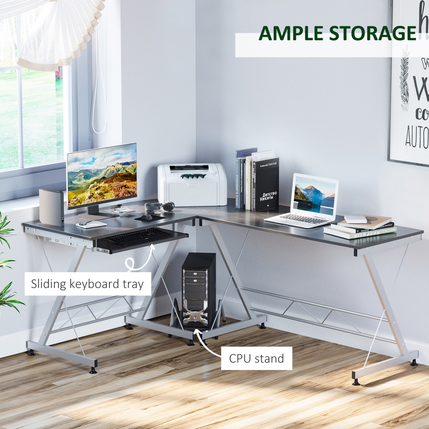 HOMCOM L-Shaped Computer Desk, Corner Table with Keyboard Tray for PC Laptop Desktop, Workstation Stand Home Office Furniture, Black, Silver