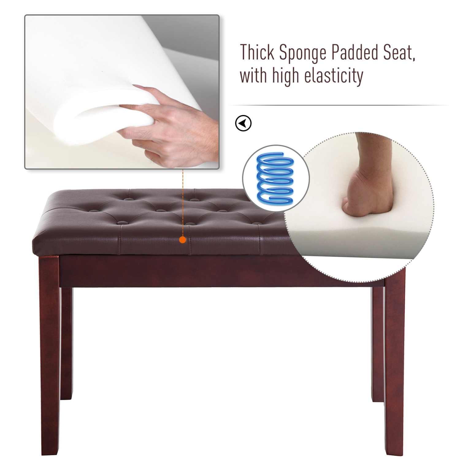 Banc piano de 30 po de HOMCOM avec coussin rembourré et rangement, banc en similicuir pour clavier avec pattes en bois massif, brun