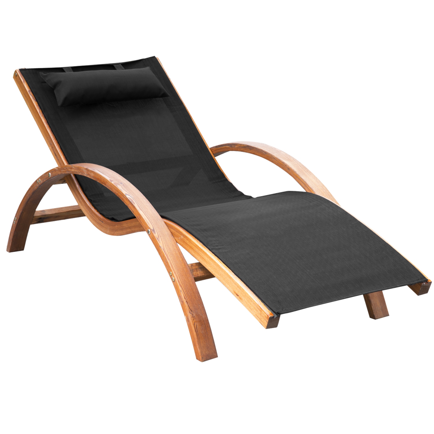 Chaise longue d'extérieur Outsunny, chaise bronzage de patio avec appuie-tête, chaise longue inclinable Garden Sun avec cadre en bois, Texteline, noir