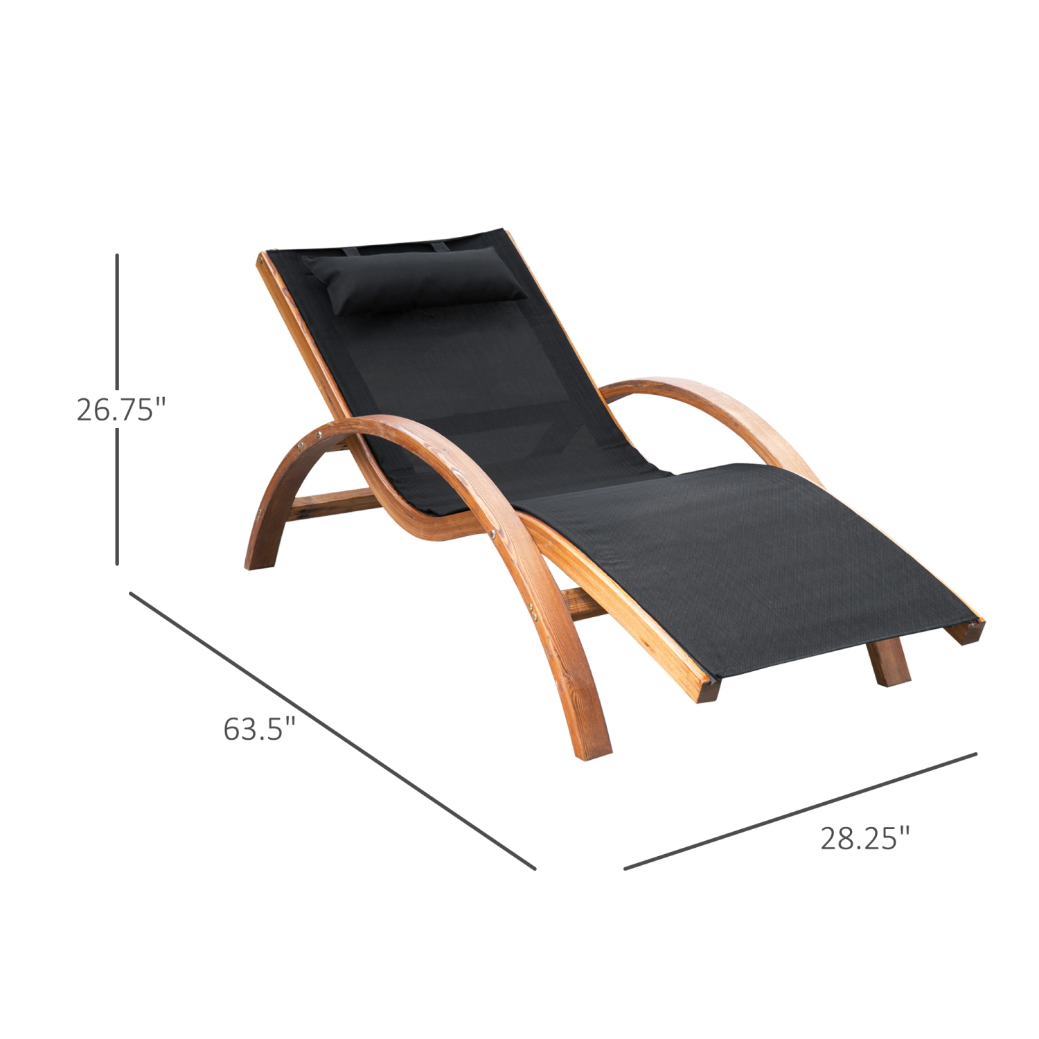 Chaise longue d'extérieur Outsunny, chaise bronzage de patio avec appuie-tête, chaise longue inclinable Garden Sun avec cadre en bois, Texteline, noir