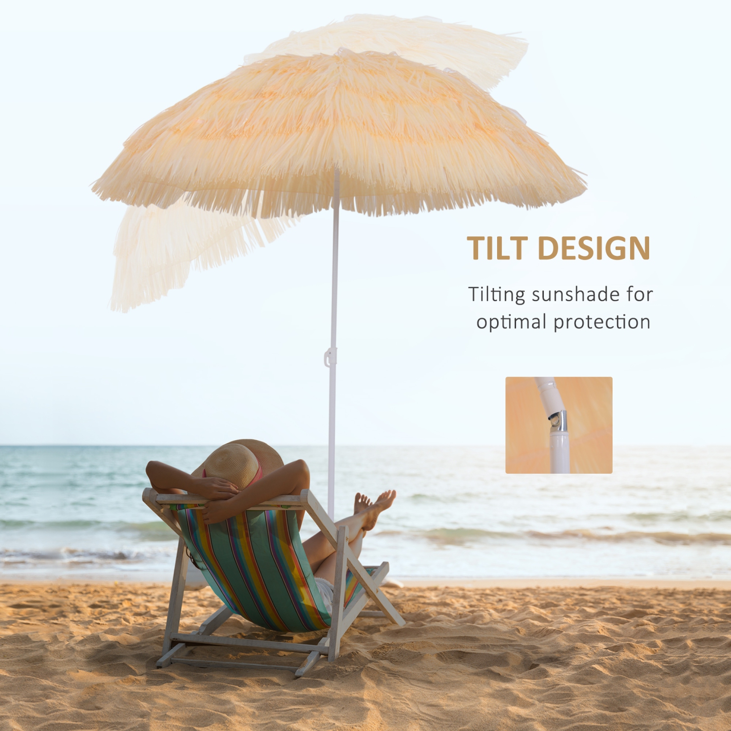 Parasol de plage jardin design hawai 160 cm raphia artificiel beige
