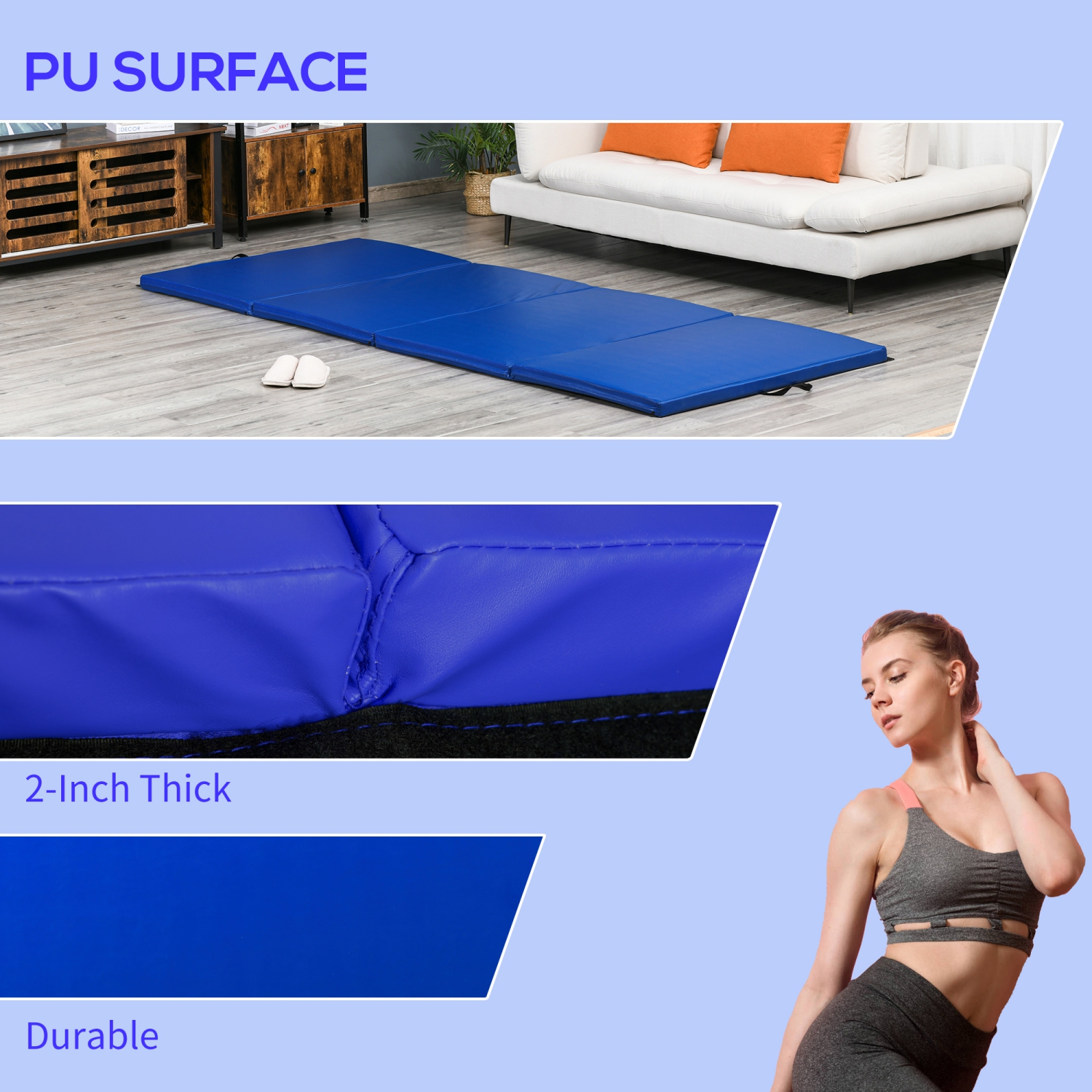 Soozier Gym Exercise Mat Aerobics 10'x4'x2'' Folding Panel Yoga Sport  Gymnasium Mat Home Portable PU Leather Gymnastics Tumbling Arts Pad Blue
