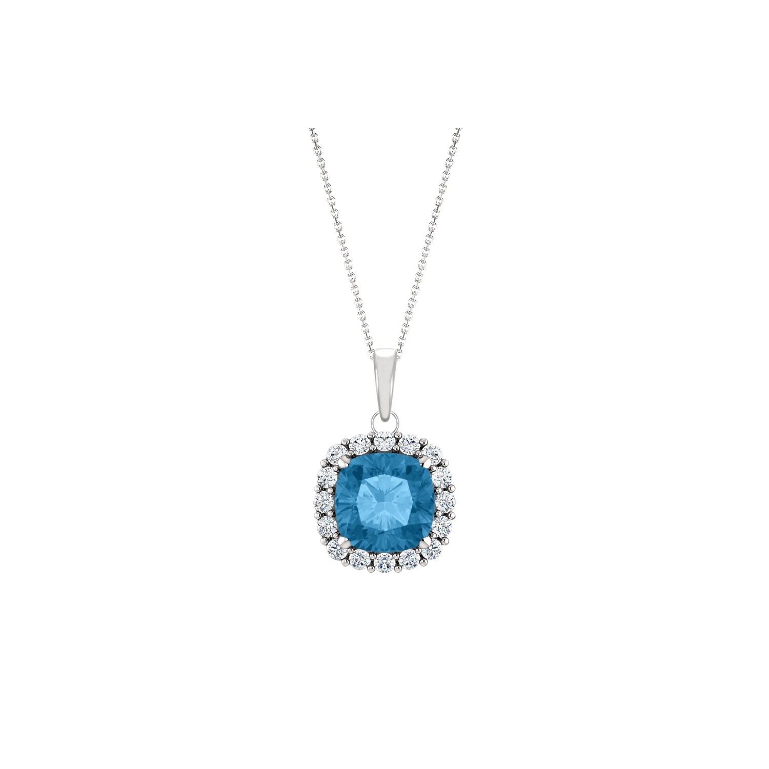 Elite Jewels Sterling Silver Genuine 1.00 tcw. 6mm Cushion Blue Topaz & Created White Sapphire Pendant with 18" Chain