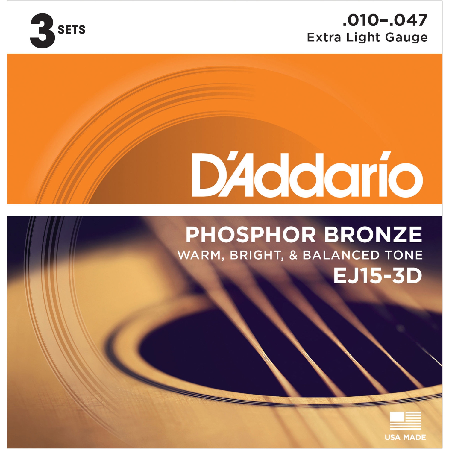 D'Addario EJ15-3D Phosphor Bronze Acoustic Guitar Strings - Extra Light 3 Sets