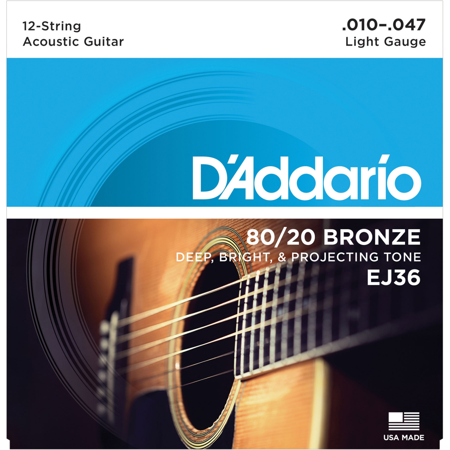 Cordes de guitare acoustique à 12 cordes en bronze EJ36 80/20 d'Addario - lumière régulière 10-47