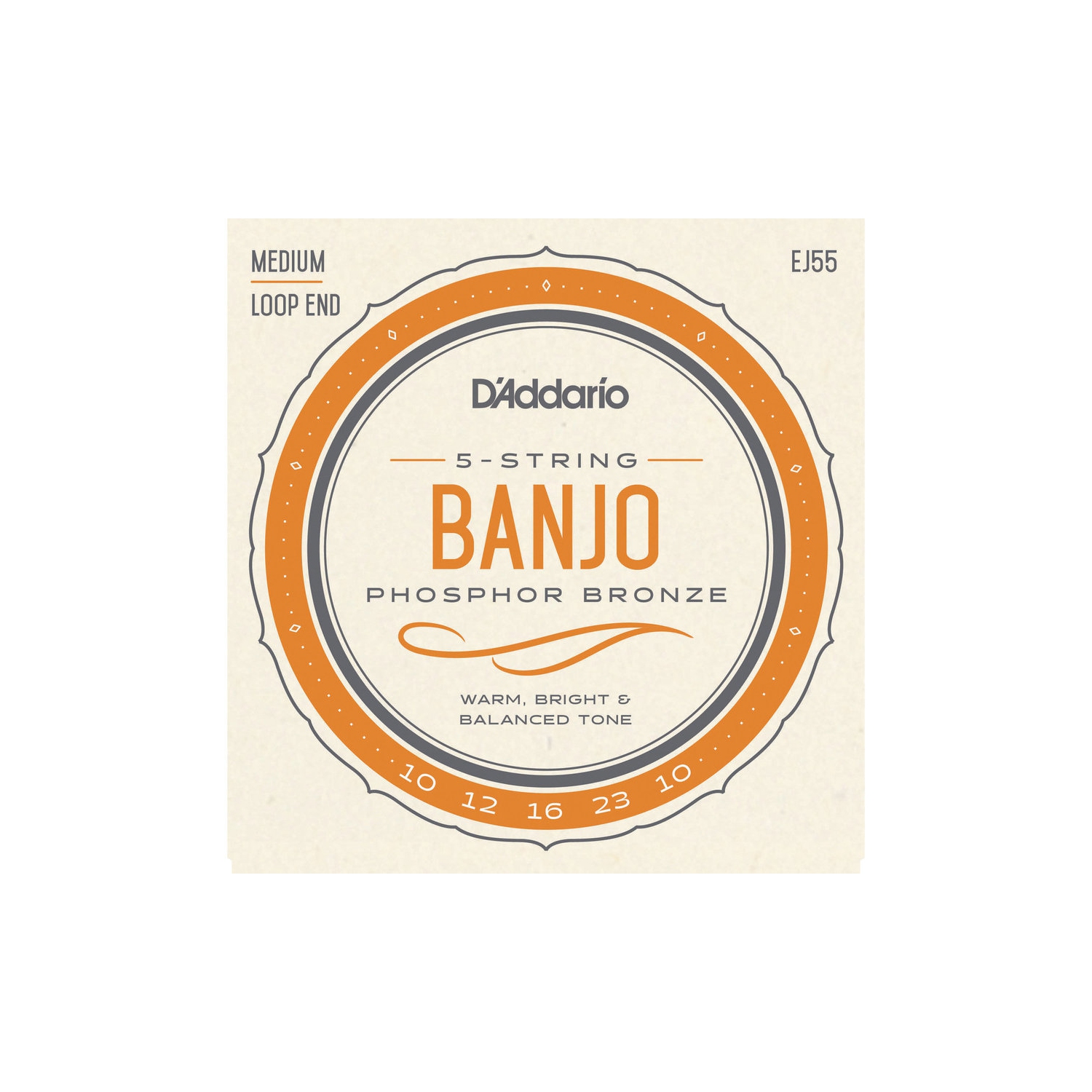 D'Addario Phosphor Bronze 5-String Banjo Strings - Loop End, Medium, 10-23