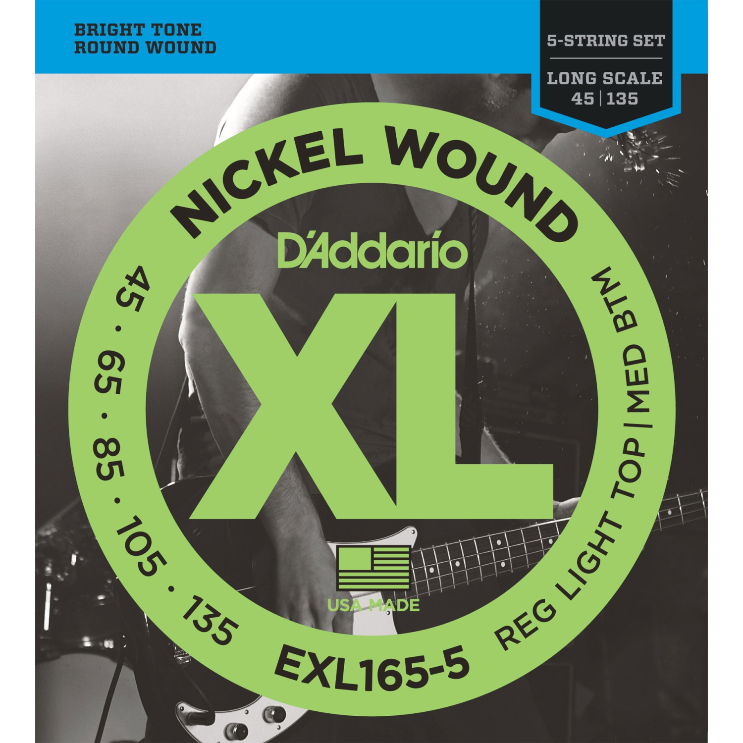 Cordes de guitare basse à 5 cordes en nickel Wound d'Addario XL - Round Wound long Custom Light 45-135