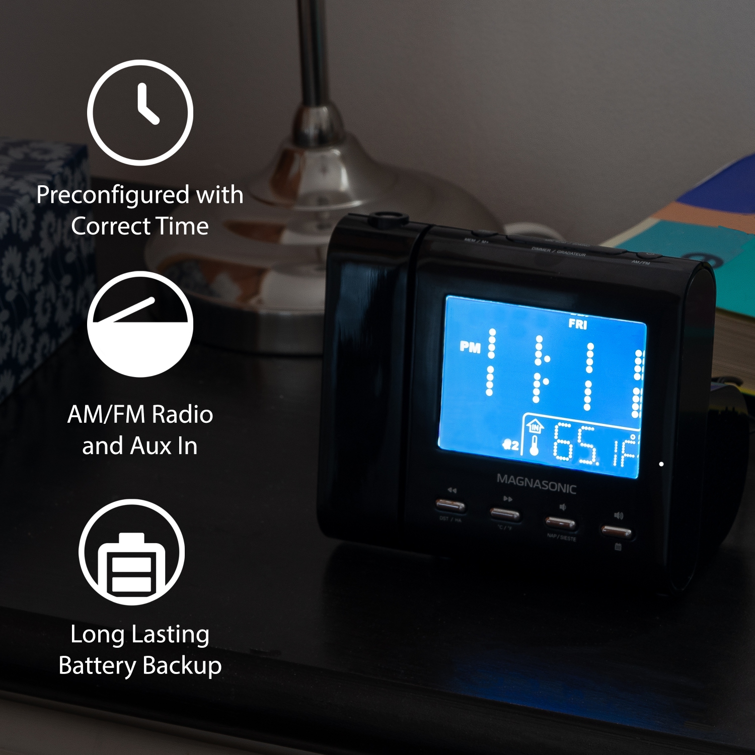Magnasonic Projection Alarm Clock with AM/FM Radio, Battery Backup