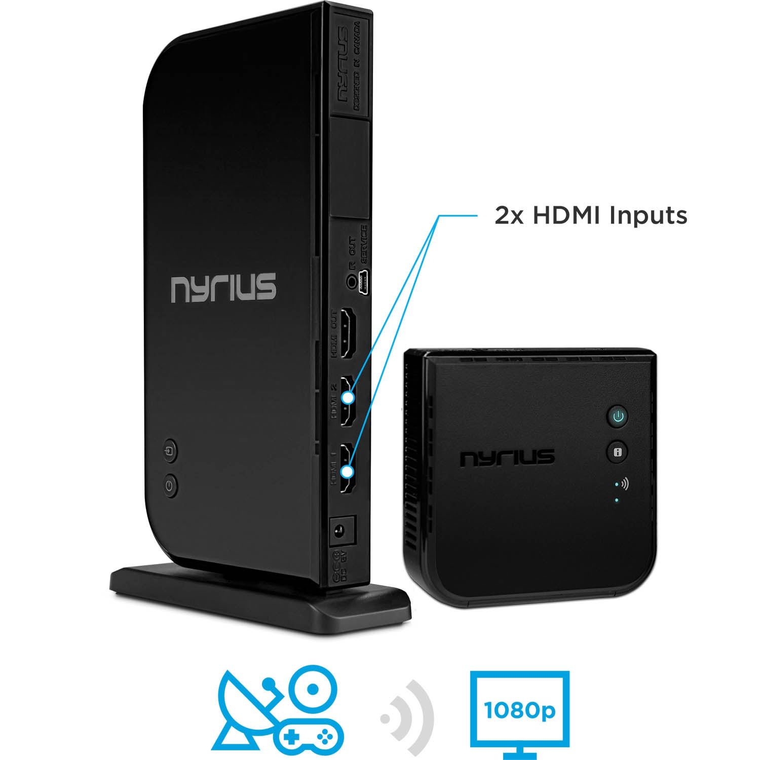 Émetteur-récepteur sans fil HDMI à 2 entrées de Nyrius; diffusion vidéo HD 3D 1080p avec 2 câbles HDMI