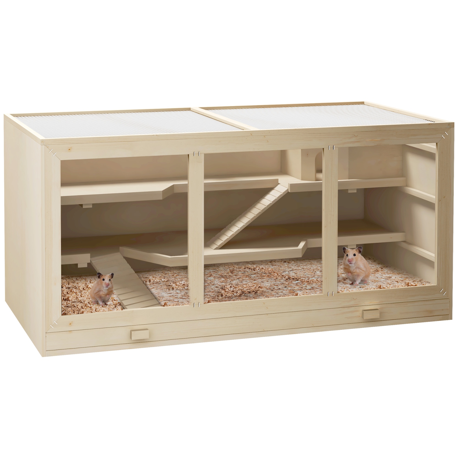 PawHut – Cage de hamster en bois, cage de souris pour petit animal, maison de jeu d'exercice à 3 niveaux avec glissoire, plateau, bois naturel