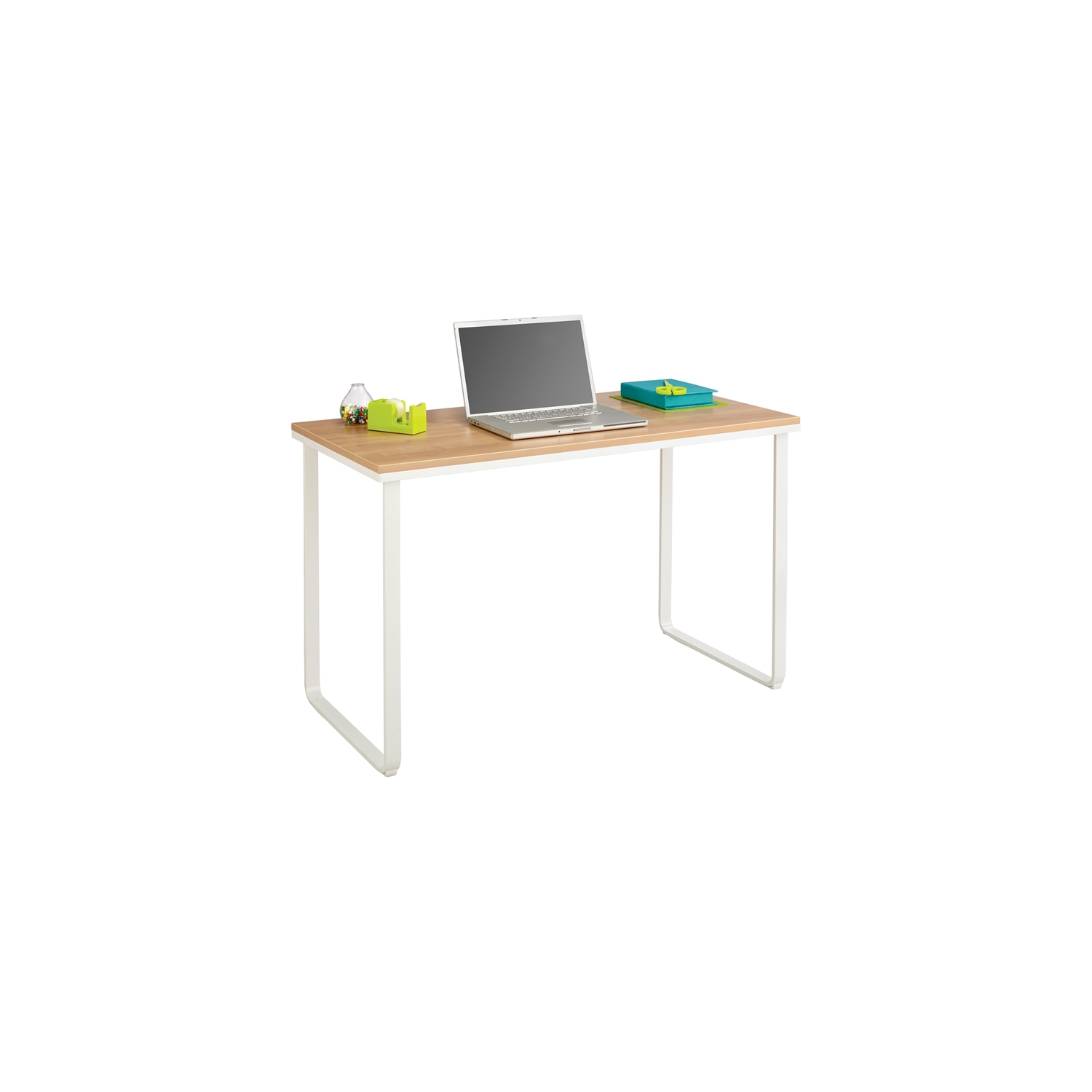 Bureau moderne en érable avec pattes en métal blanc en forme de U