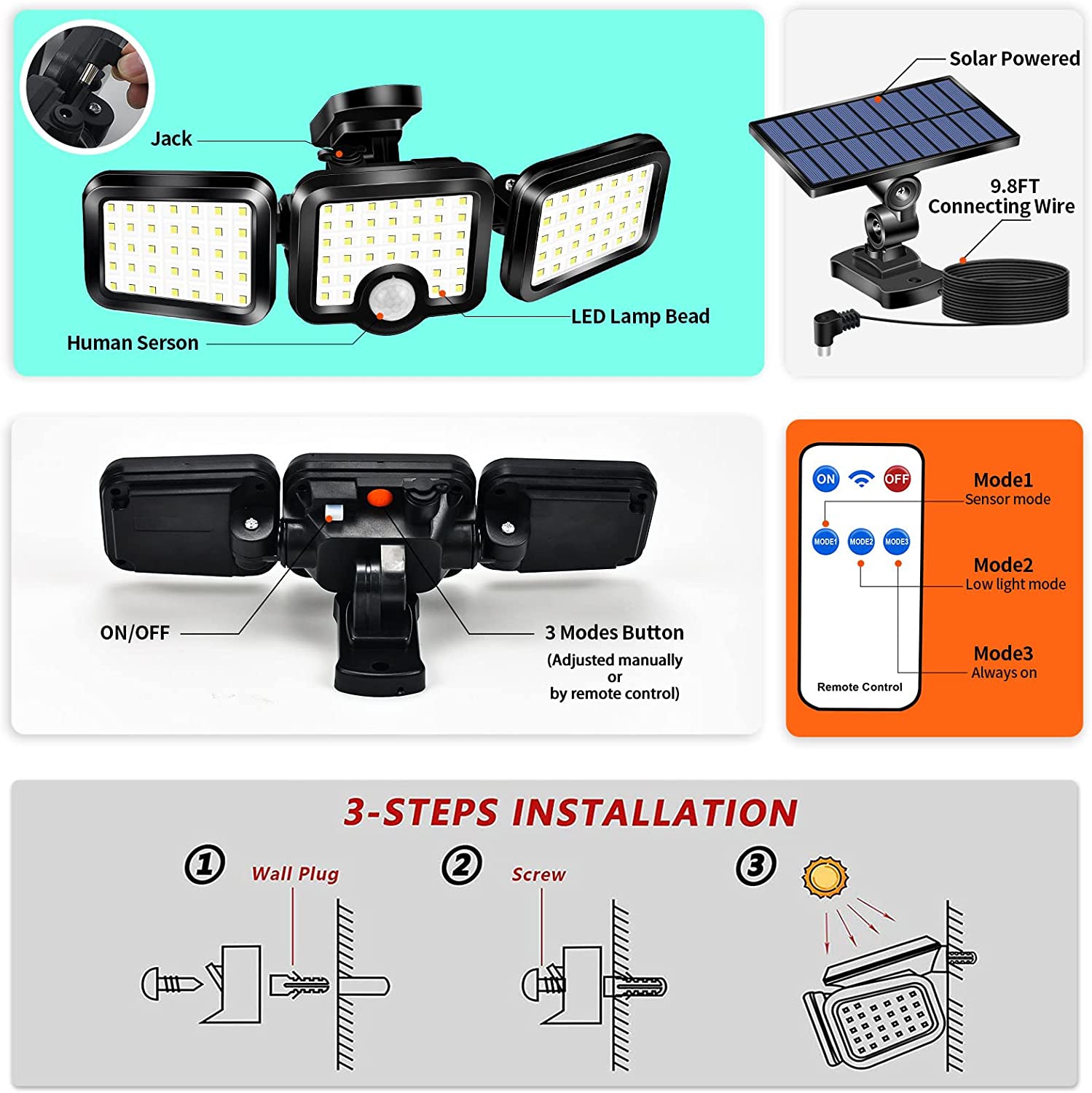 Lampe solaire POUR détecteur de mouvement d'extérieur Kunova 2pcs, lampe solaire de sécurité 2500 lm à 108 DEL panneau solaire séparé 3 têtes