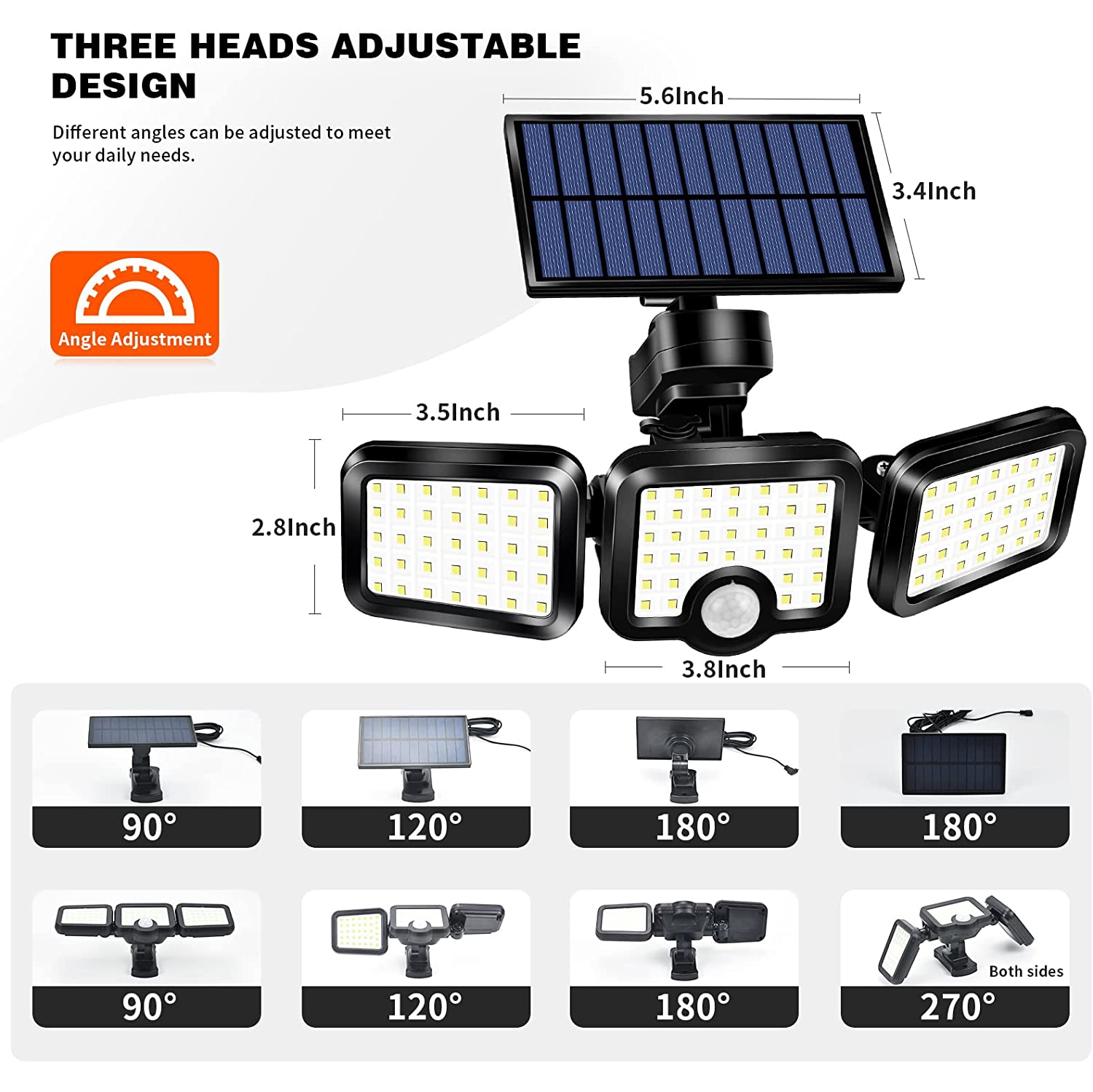 Lampe solaire POUR détecteur de mouvement d'extérieur Kunova 2pcs, lampe solaire de sécurité 2500 lm à 108 DEL panneau solaire séparé 3 têtes