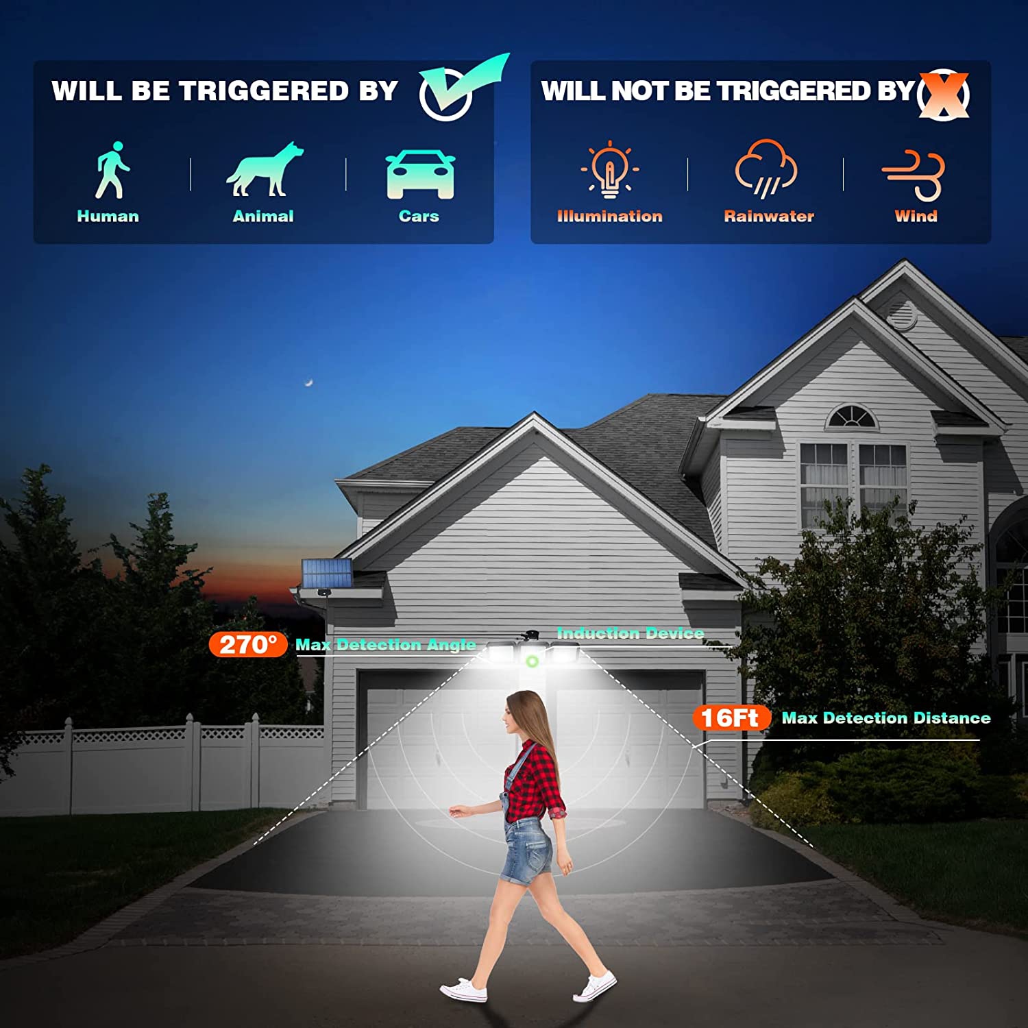 Lampe solaire POUR détecteur de mouvement d'extérieur Kunova 2pcs, lampe solaire de sécurité 2500 lm à 108 DEL panneau solaire séparé 3 têtes