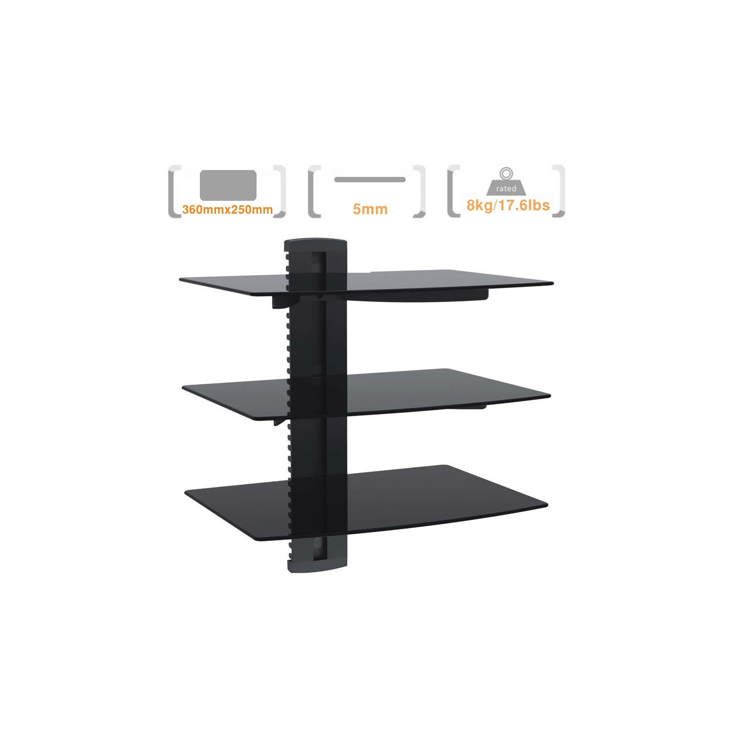 Duramex Wall Mount AV DVD Cable box, Game Console, Component Shelving System with 3 Adjustable Tempered Glass Shelves