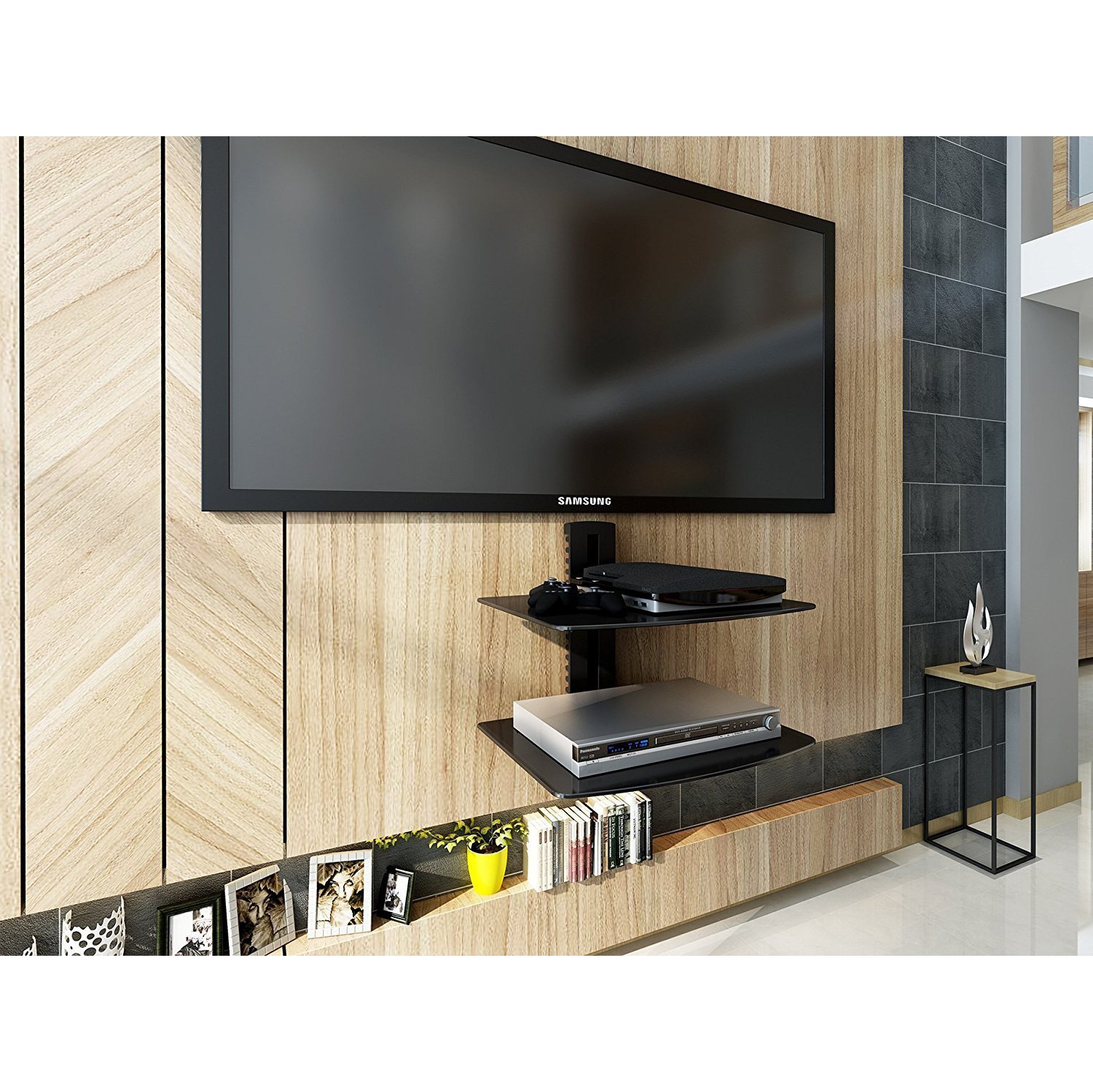 Duramex Wall Mount AV DVD Cable box, Game Console, Component Shelving System with 2 Adjustable Tempered Glass Shelves
