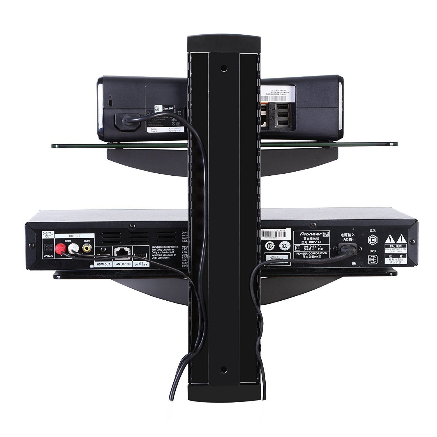 Duramex Wall Mount AV DVD Cable box, Game Console, Component Shelving System with 2 Adjustable Tempered Glass Shelves