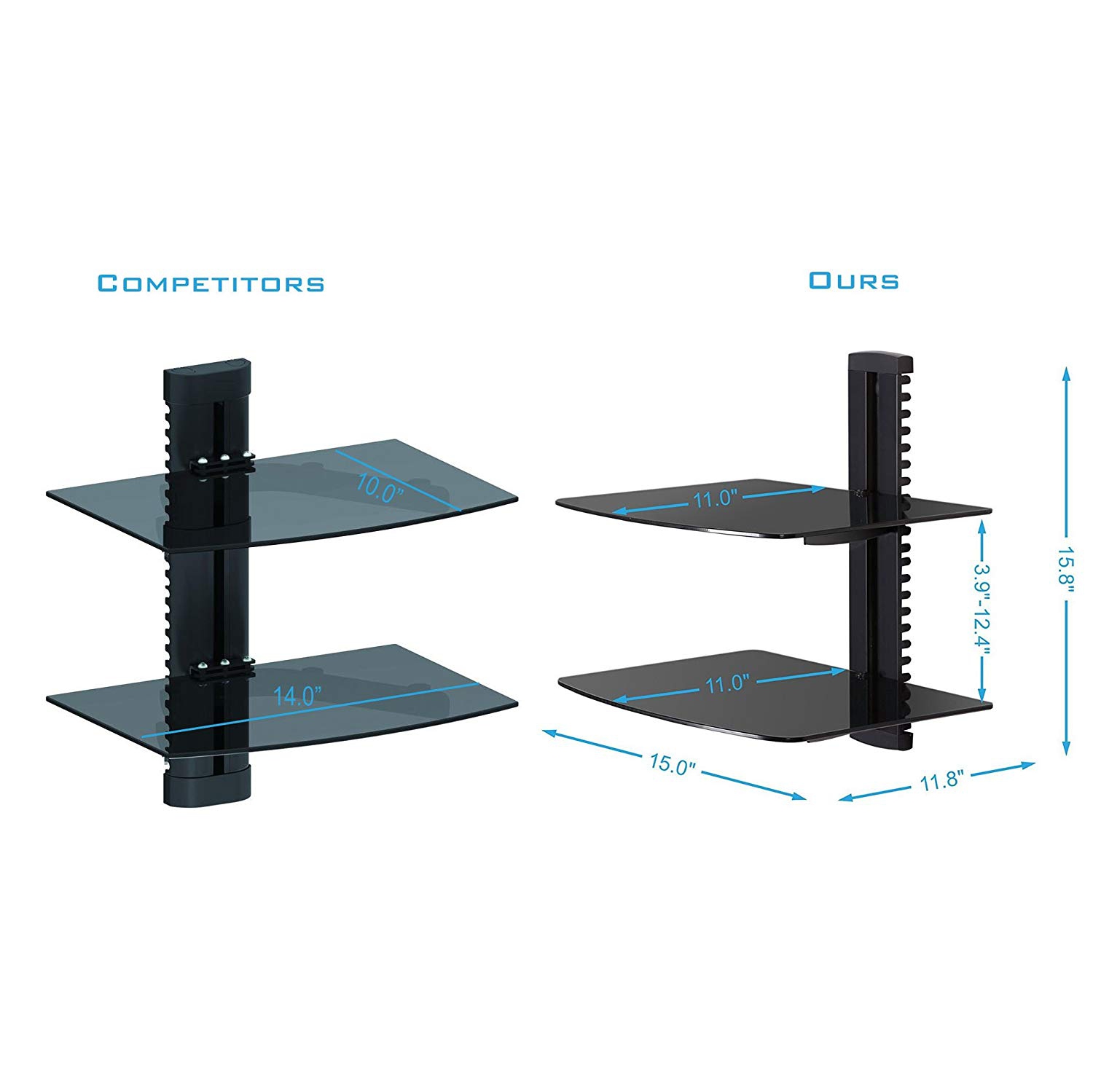 Duramex Wall Mount AV DVD Cable box, Game Console, Component Shelving System with 2 Adjustable Tempered Glass Shelves