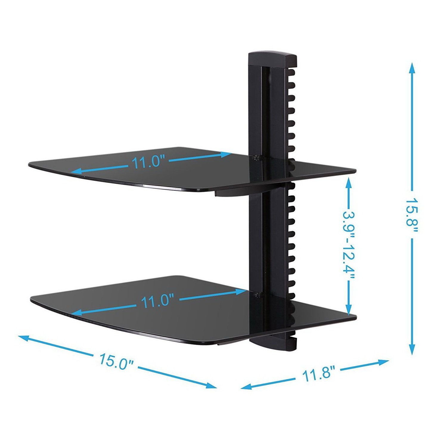 Duramex Wall Mount AV DVD Cable box, Game Console, Component Shelving System with 2 Adjustable Tempered Glass Shelves