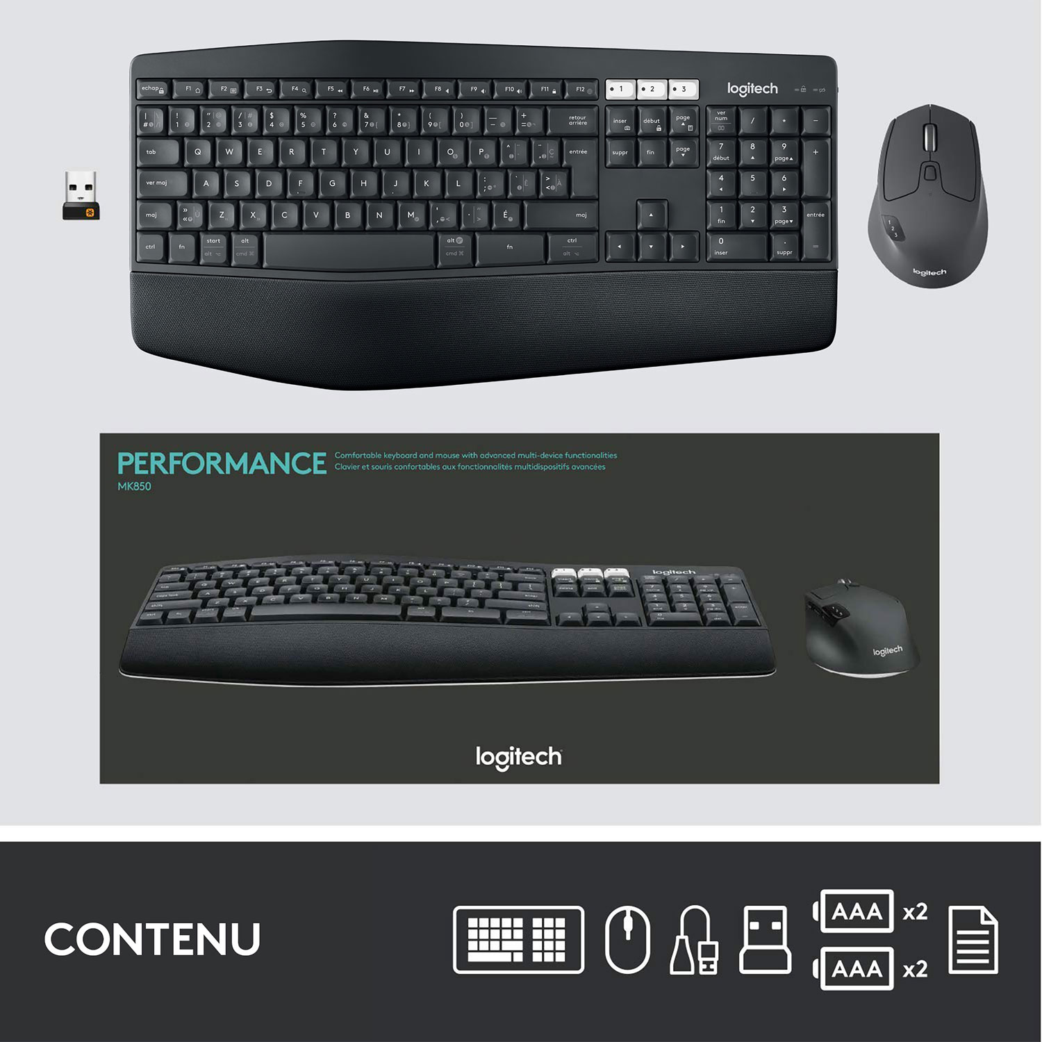Ensemble avec souris optique et clavier ergonomiques Bluetooth MK850 de Logitech - Français