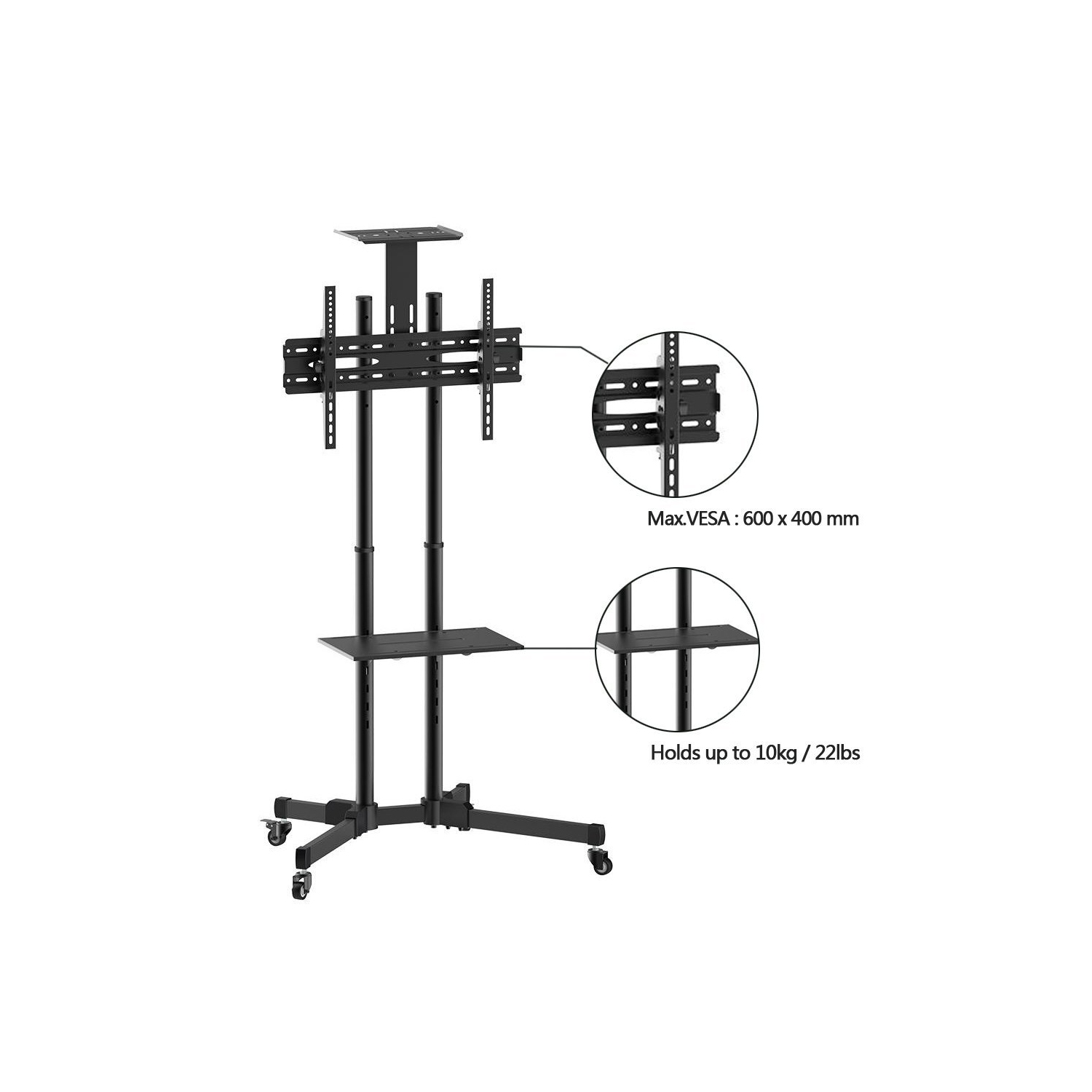 Duramex Universal Mobile TV Cart TV Stand with Mount Trolley with Camera Shelf for 37-75 Inch LED, LCD, Plasma Display up to 110 lbs VESA 600X400MM